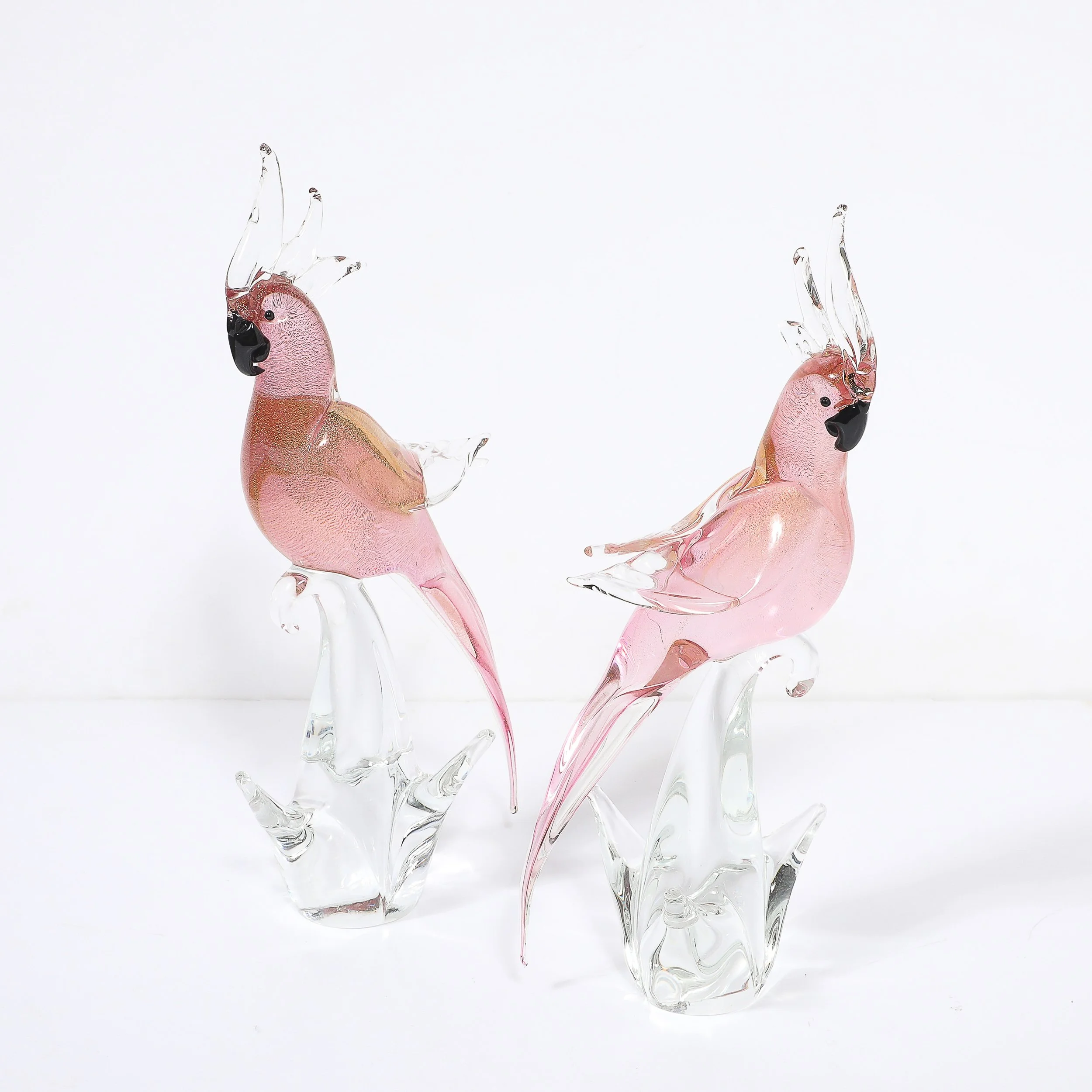 Pair of Mid-Century Hand-Blown Murano Rose Hued Cockateel Sculptures W/ 24k Gold offered by High Style Deco — image 11