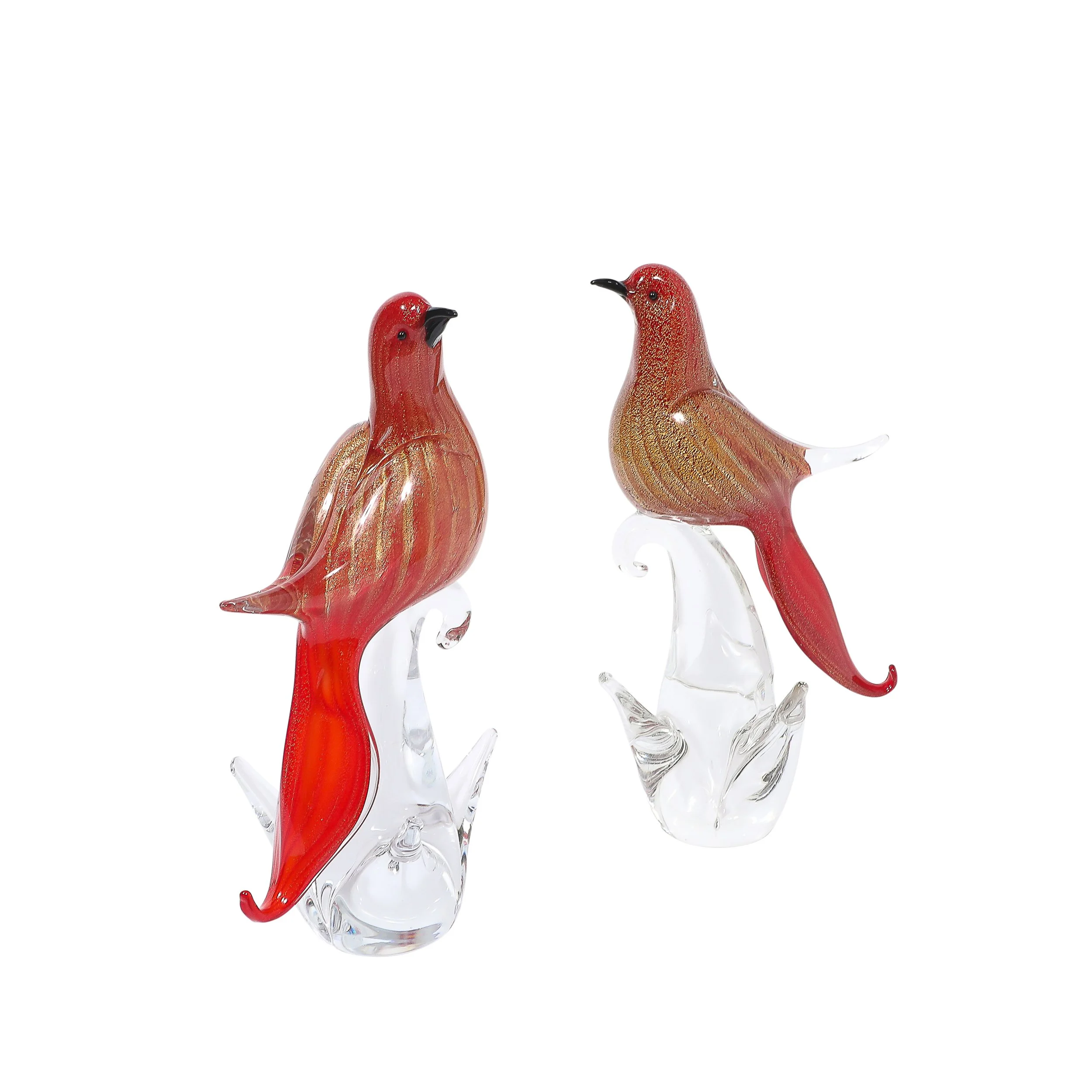Pair of Mid-Century Vermillion Murano Glass Dove Sculptures with 24K Gold Flecks offered by High Style Deco — image 1