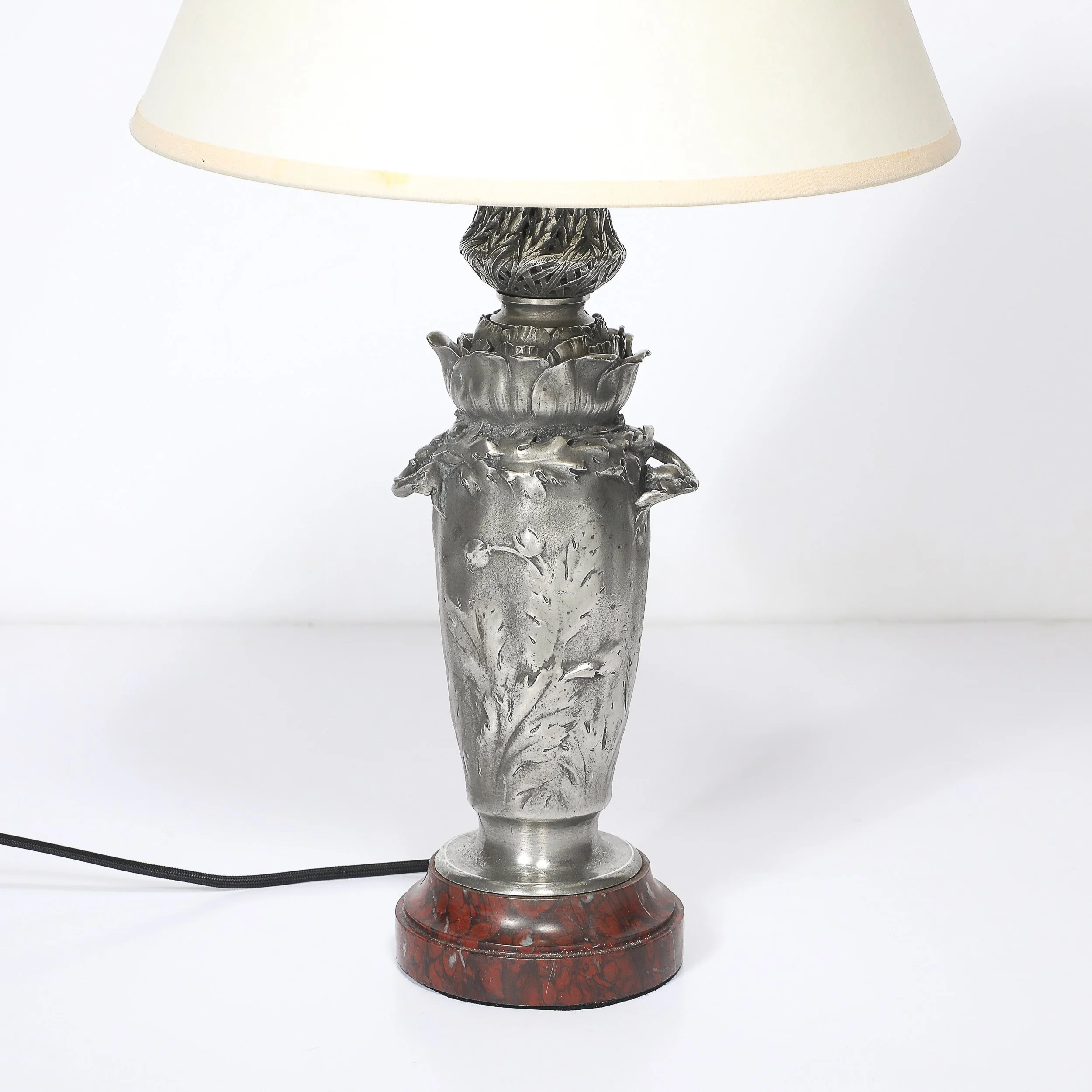 Art Nouveau Rosso Levanto Marble Base & Pewter Table Lamp signed E. Lelièvre offered by High Style Deco — image 2