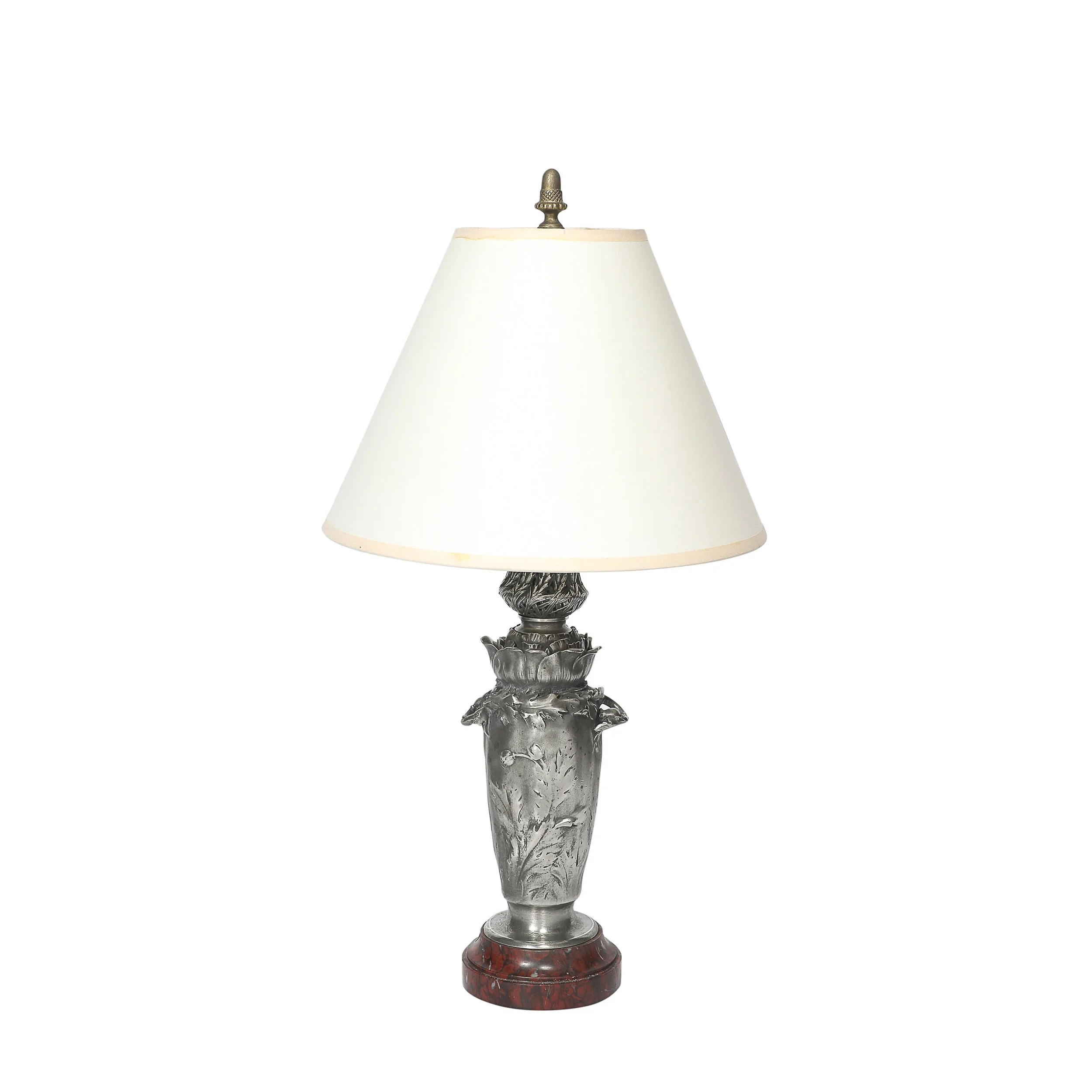 Art Nouveau Rosso Levanto Marble Base & Pewter Table Lamp signed E. Lelièvre offered by High Style Deco — image 1
