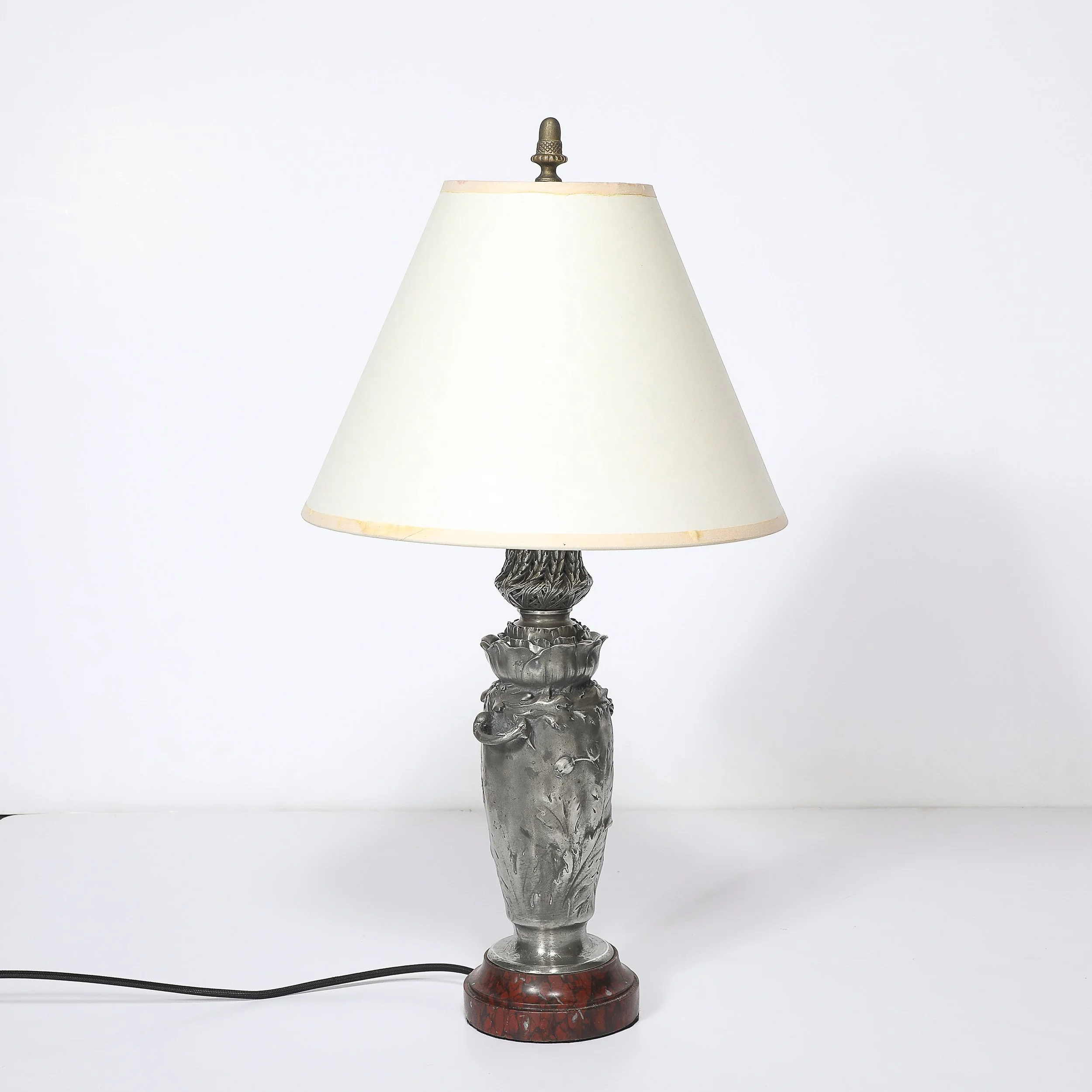 Art Nouveau Rosso Levanto Marble Base & Pewter Table Lamp signed E. Lelièvre offered by High Style Deco — image 5