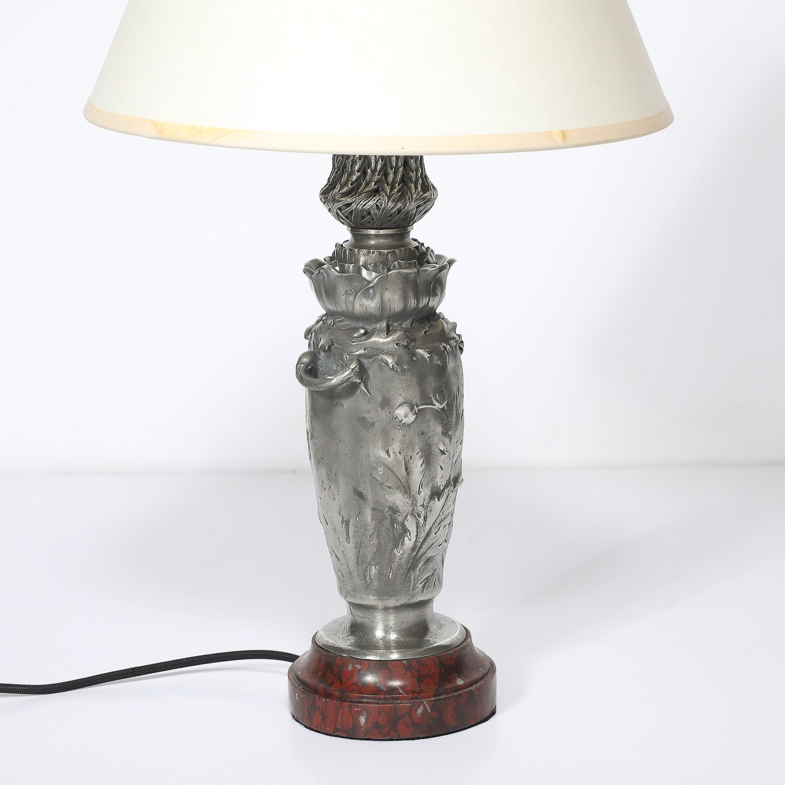 Art Nouveau Rosso Levanto Marble Base & Pewter Table Lamp signed E. Lelièvre offered by High Style Deco — image 6