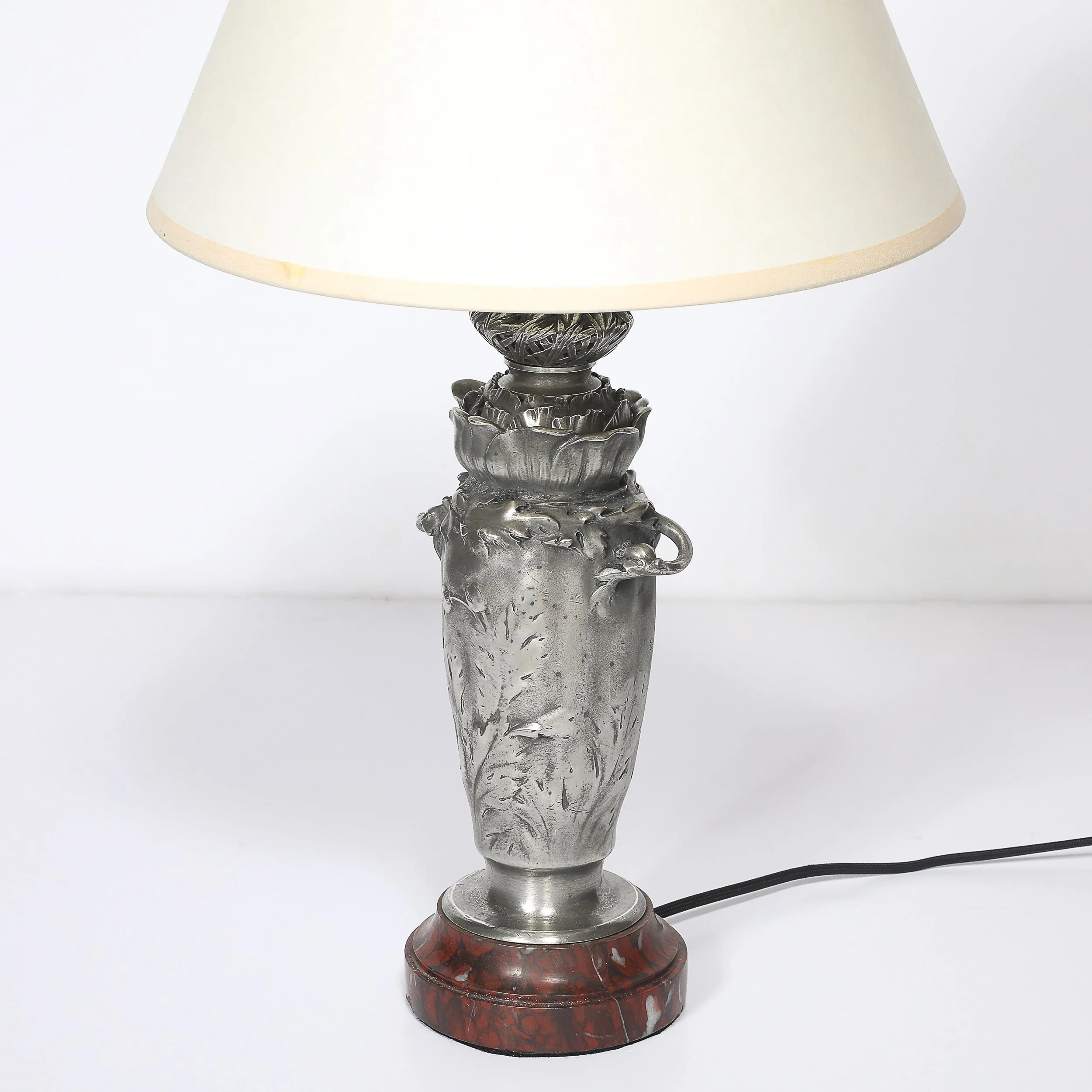 Art Nouveau Rosso Levanto Marble Base & Pewter Table Lamp signed E. Lelièvre offered by High Style Deco — image 7