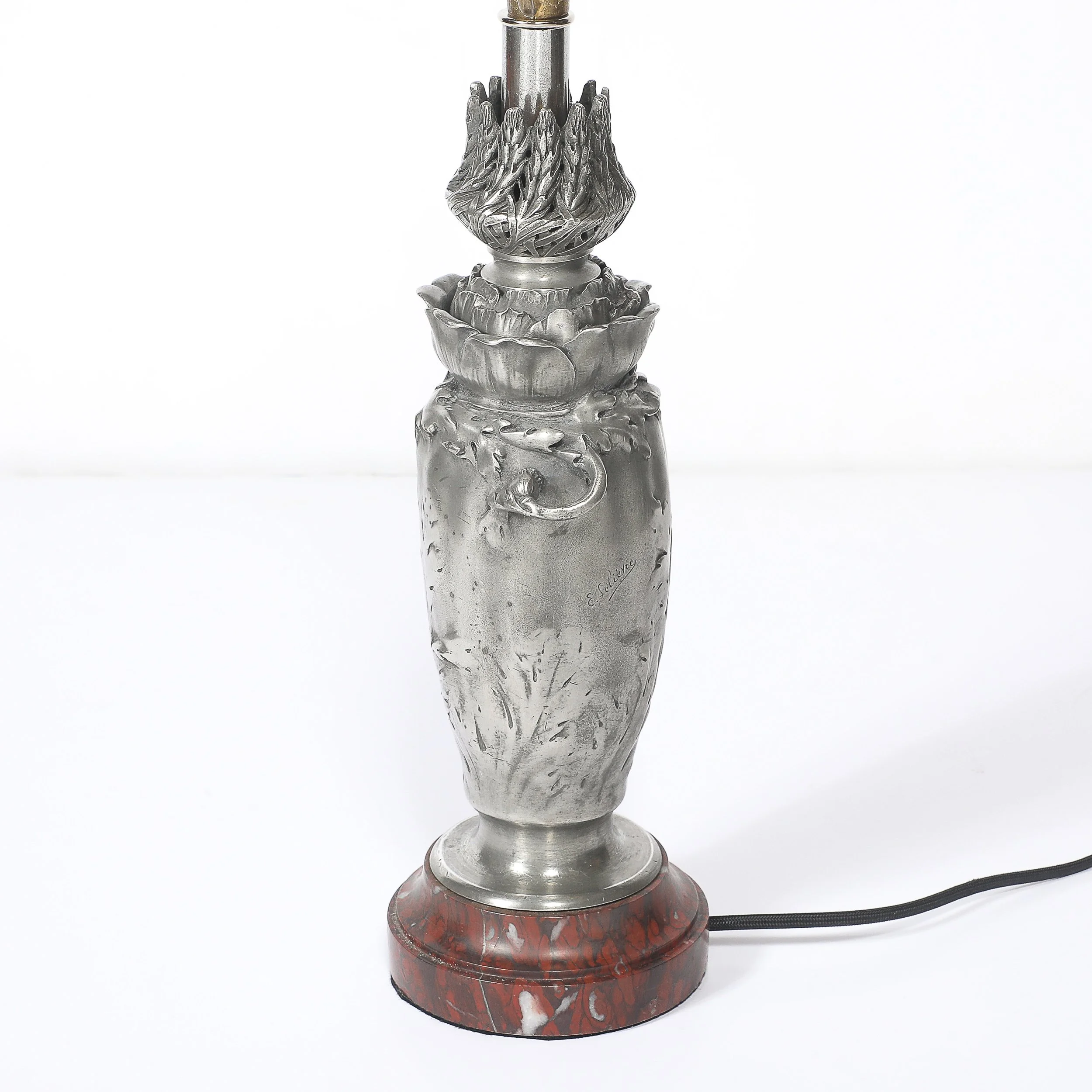Art Nouveau Rosso Levanto Marble Base & Pewter Table Lamp signed E. Lelièvre offered by High Style Deco — image 13