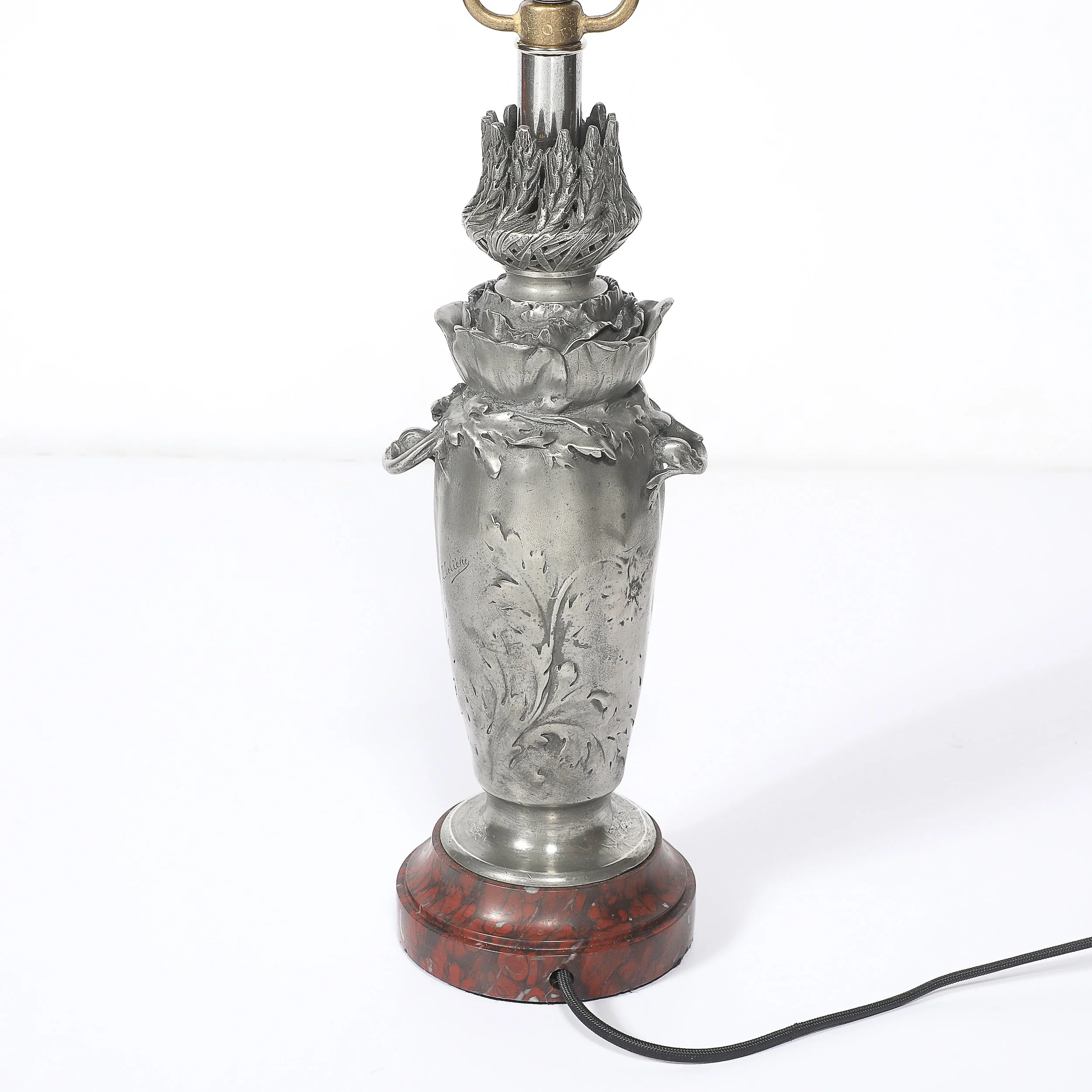 Art Nouveau Rosso Levanto Marble Base & Pewter Table Lamp signed E. Lelièvre offered by High Style Deco — image 14
