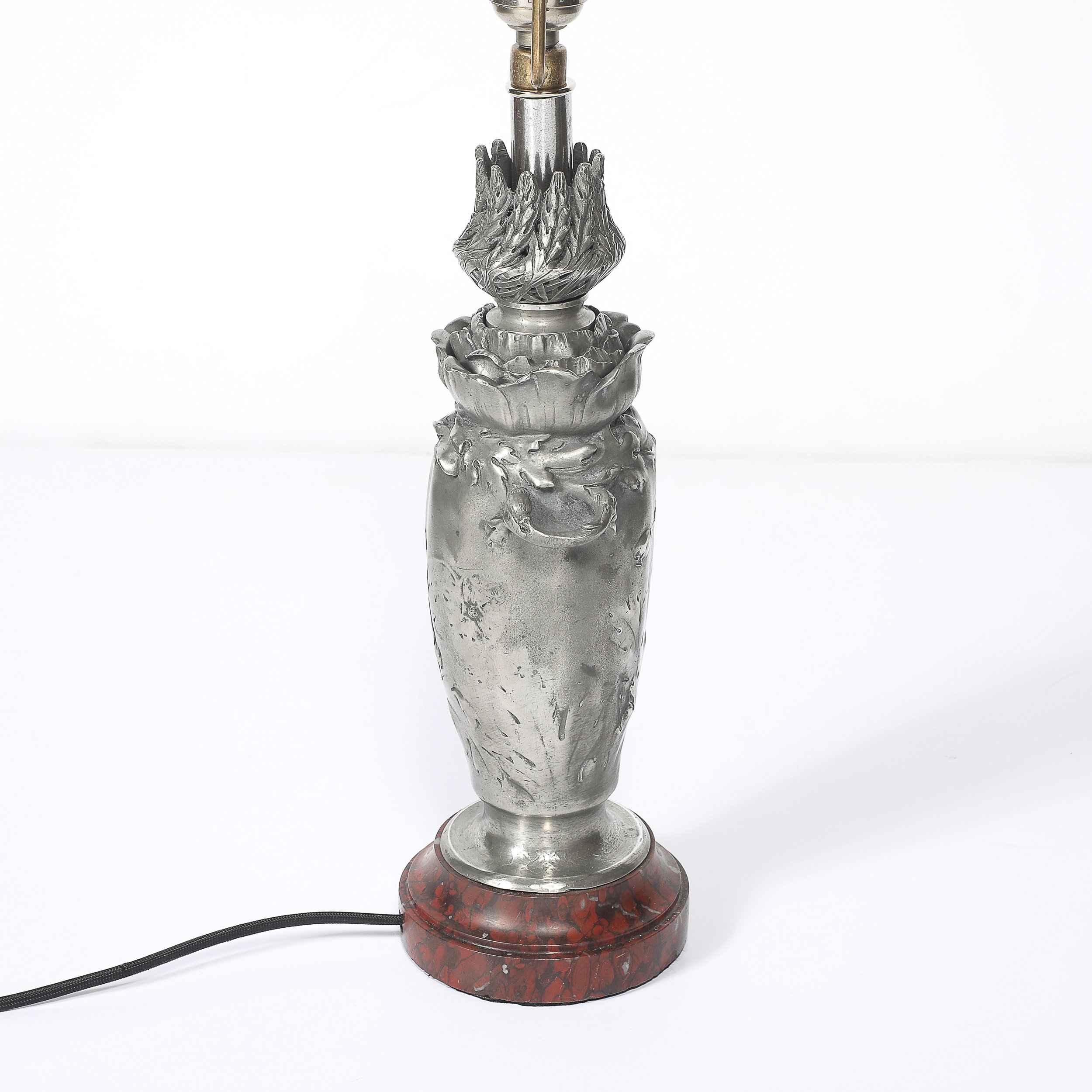 Art Nouveau Rosso Levanto Marble Base & Pewter Table Lamp signed E. Lelièvre offered by High Style Deco — image 16