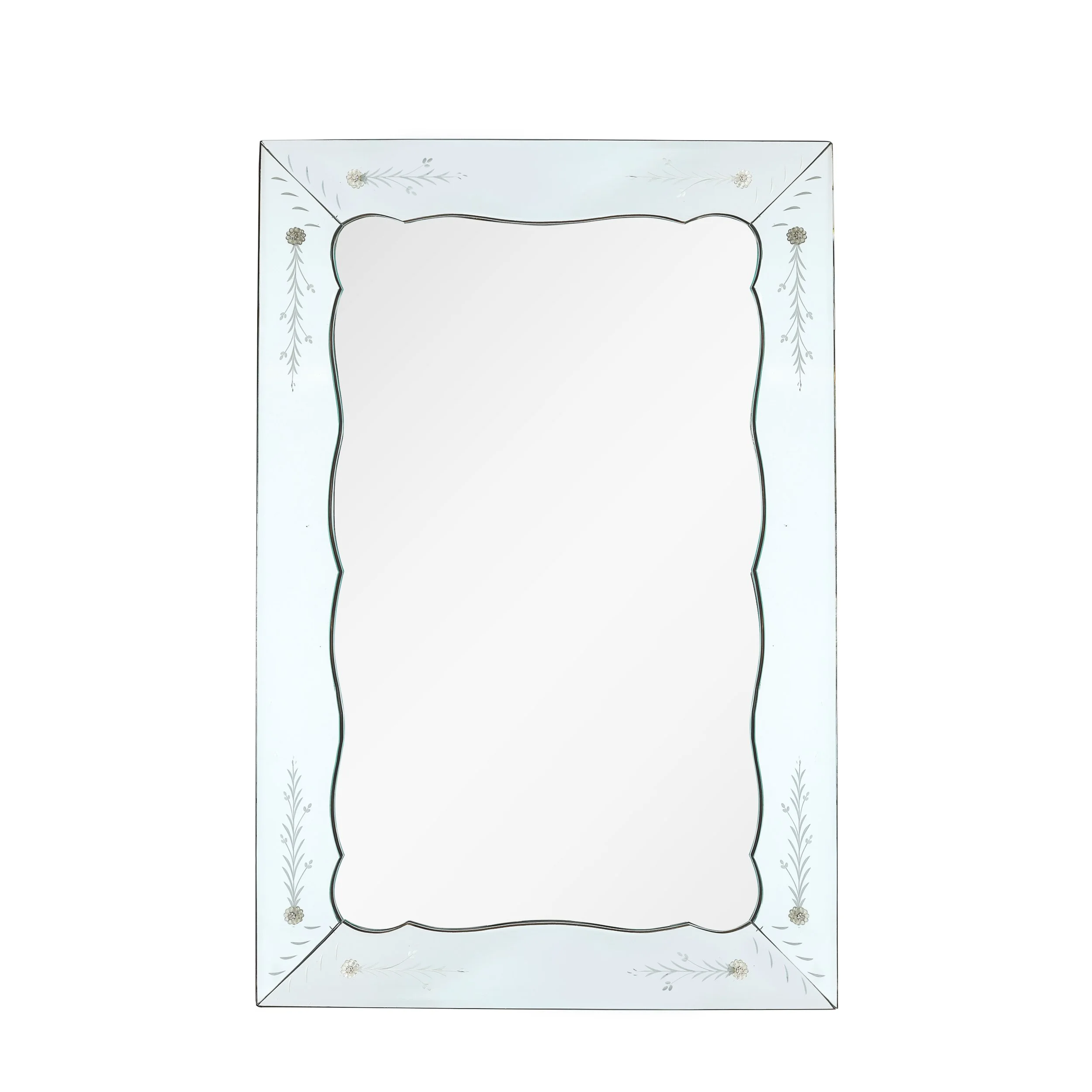Mid-Century Reverse Etched Mirror w/ Scalloped Inner Border & Florets offered by High Style Deco — image 1