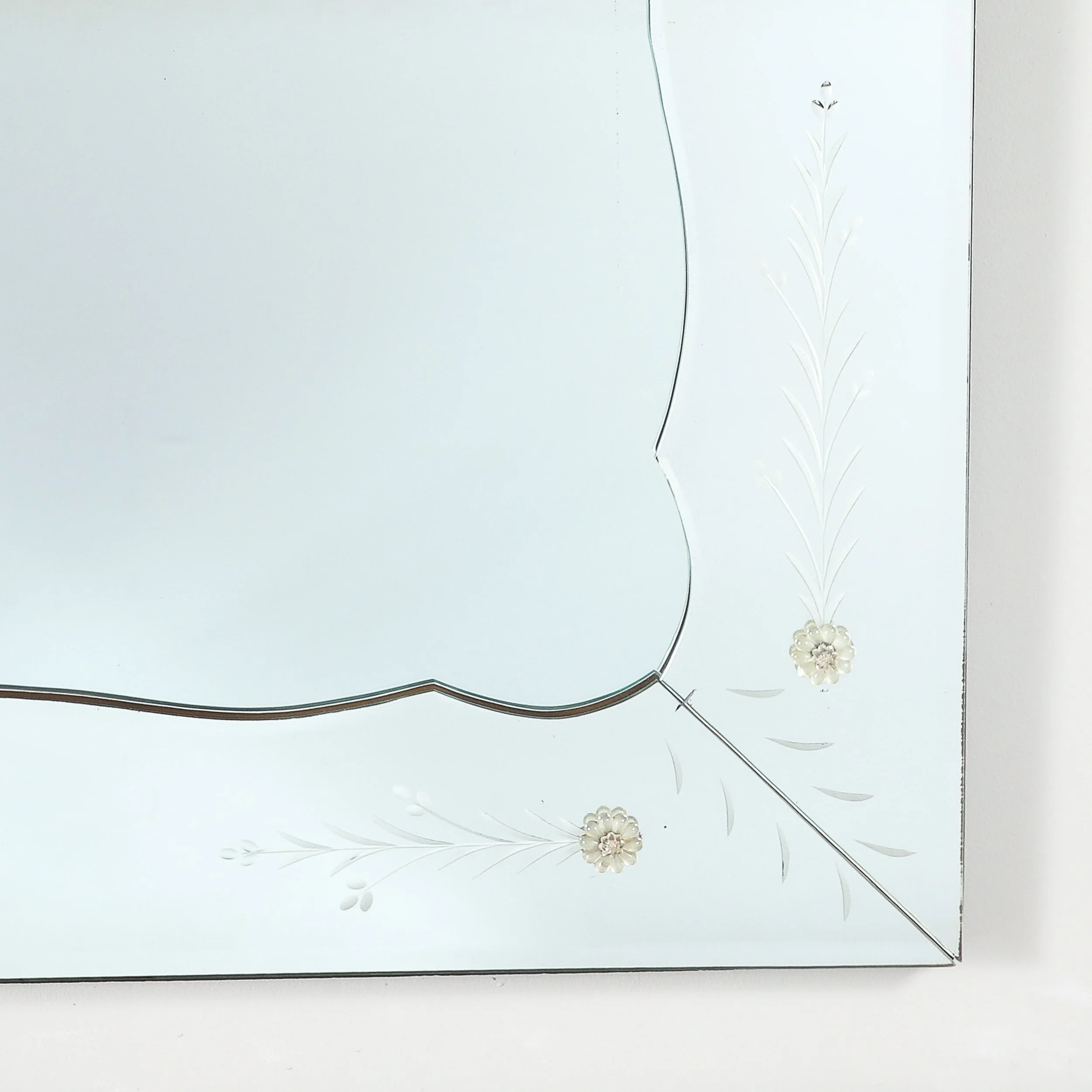 Mid-Century Reverse Etched Mirror w/ Scalloped Inner Border & Florets offered by High Style Deco — image 4