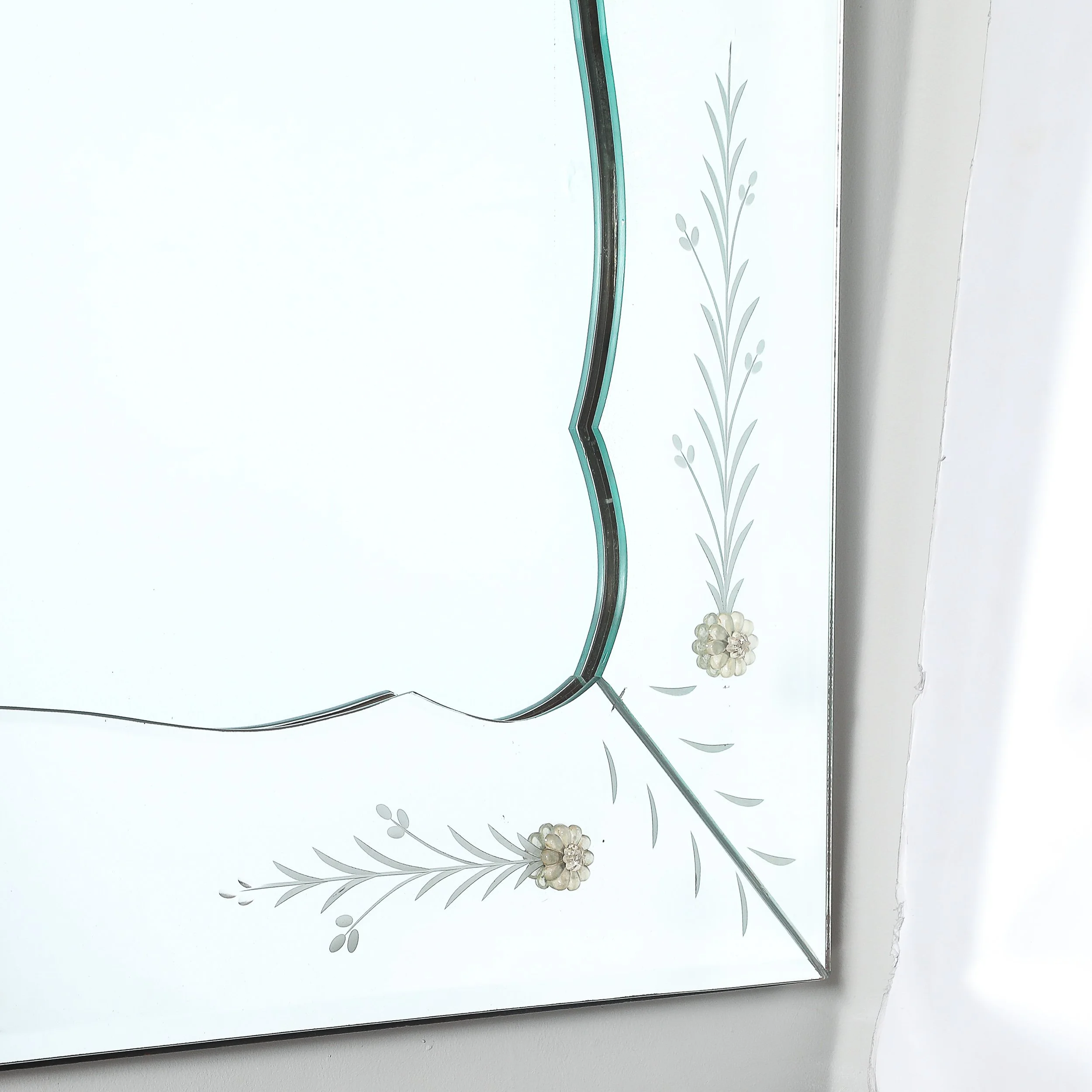 Mid-Century Reverse Etched Mirror w/ Scalloped Inner Border & Florets offered by High Style Deco — image 9