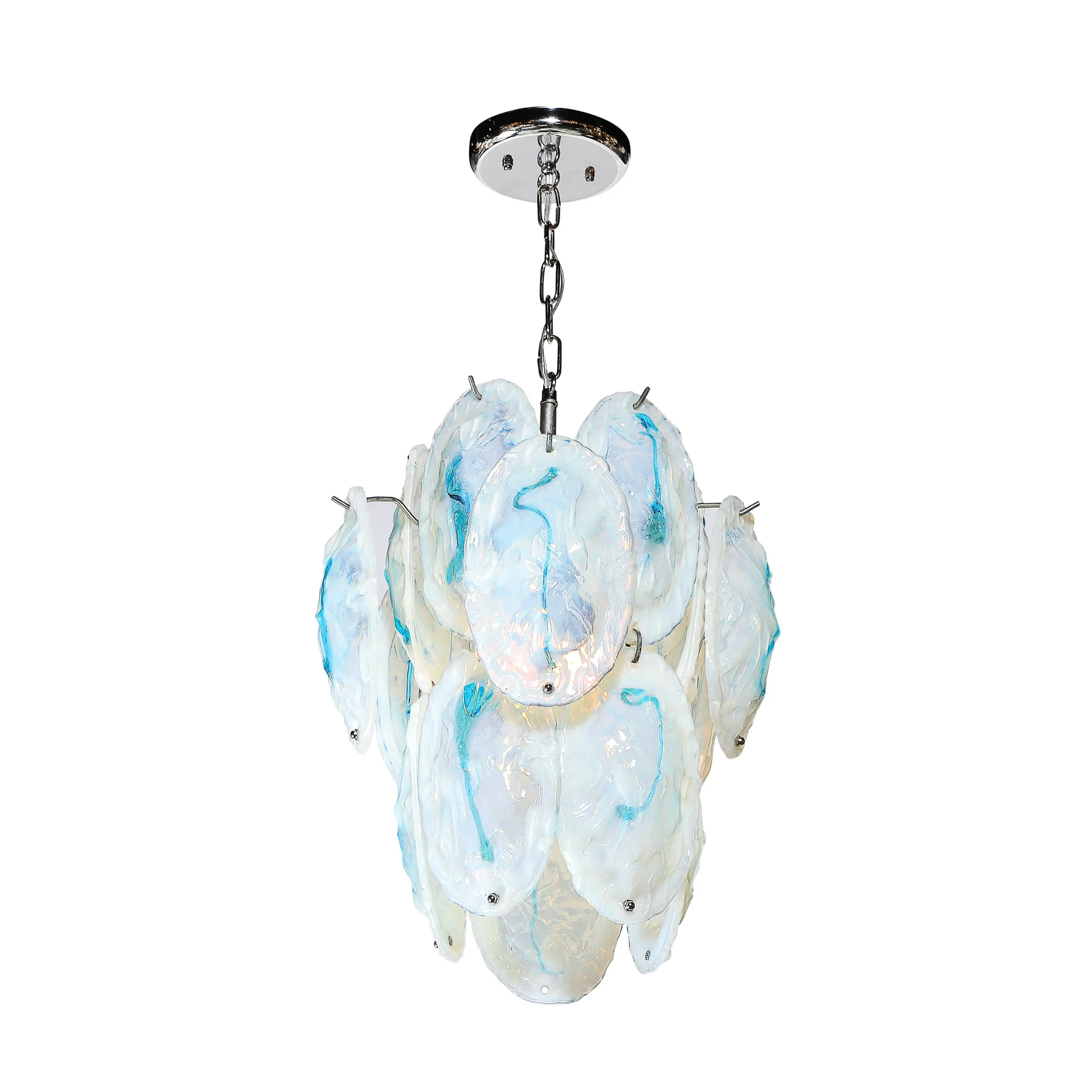 Mid-Century Hand-Blown Murano Opalescent & Cerulean Detail Glass Chandelier offered by High Style Deco — image 1