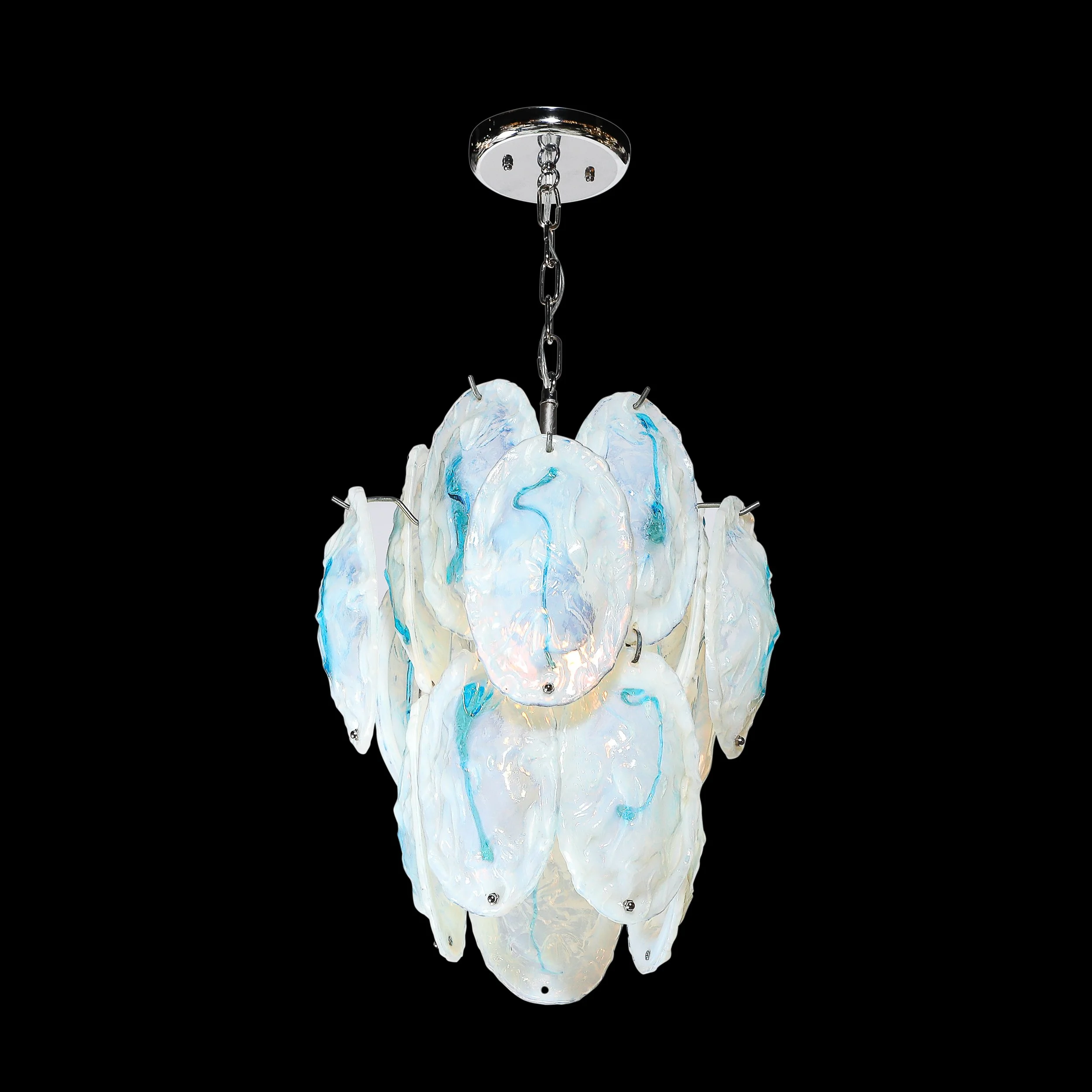 Mid-Century Hand-Blown Murano Opalescent & Cerulean Detail Glass Chandelier offered by High Style Deco — image 4