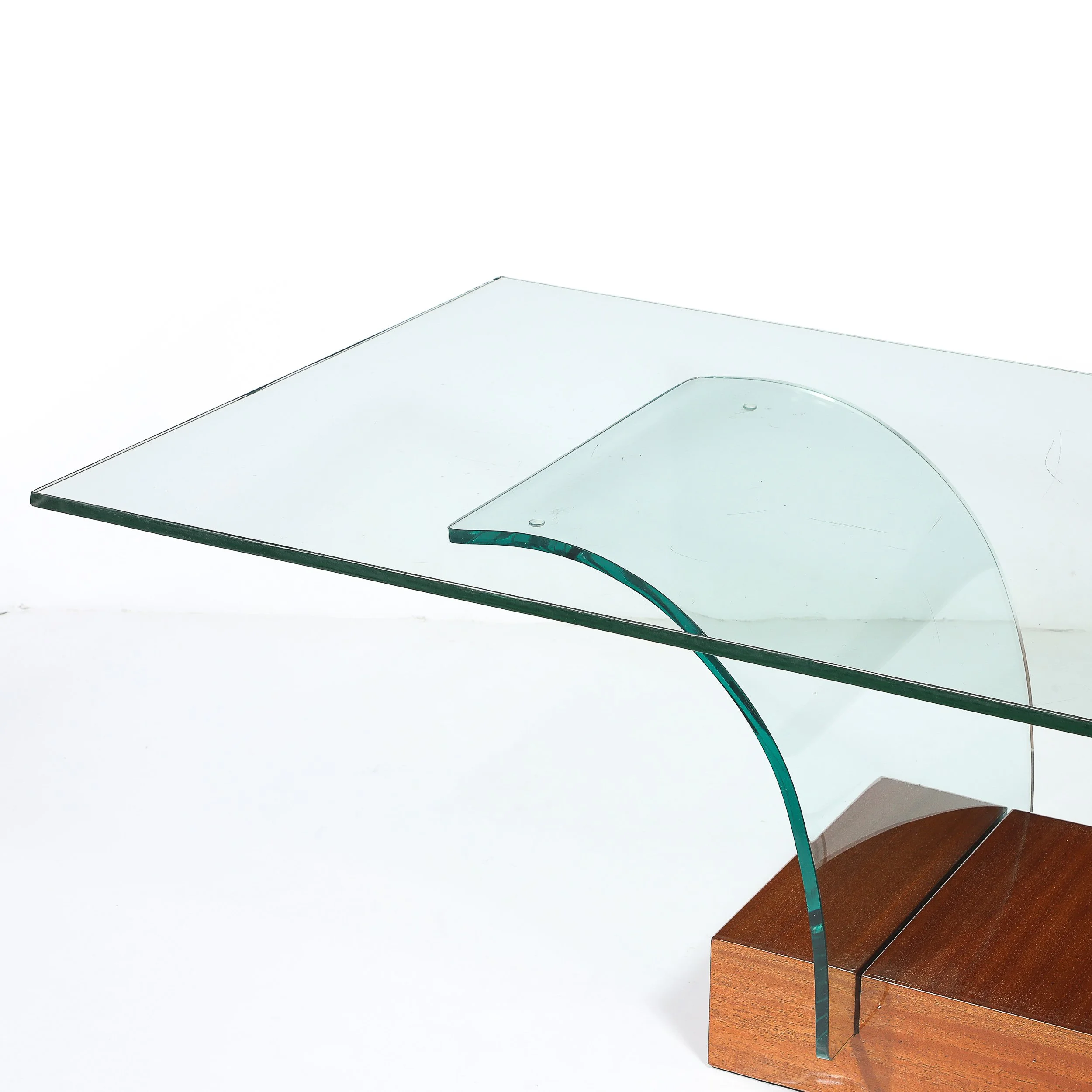 Mid-Century Modernage Curved Glass Cocktail Table W/ Rectilinear Walnut Base offered by High Style Deco — image 2