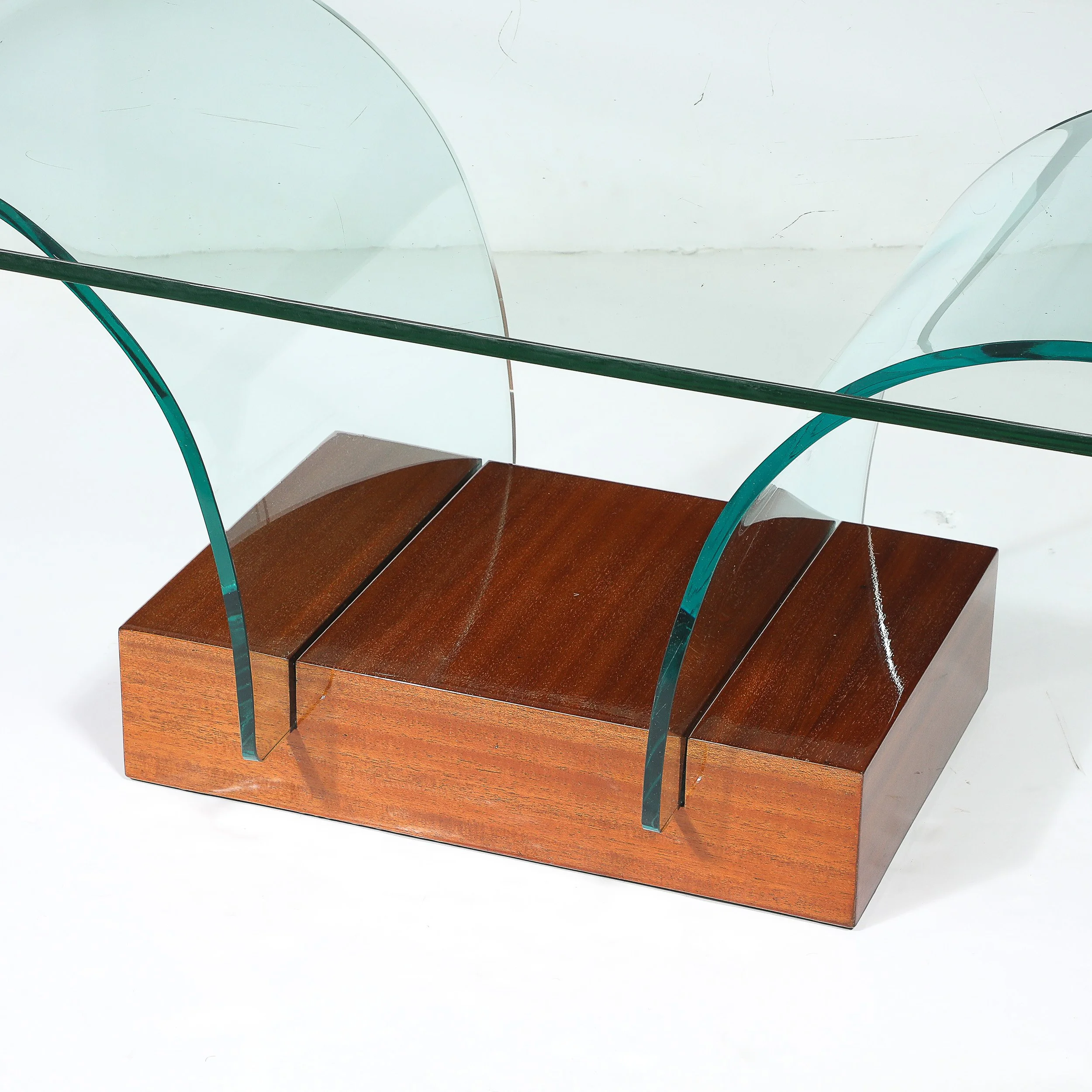 Mid-Century Modernage Curved Glass Cocktail Table W/ Rectilinear Walnut Base offered by High Style Deco — image 3