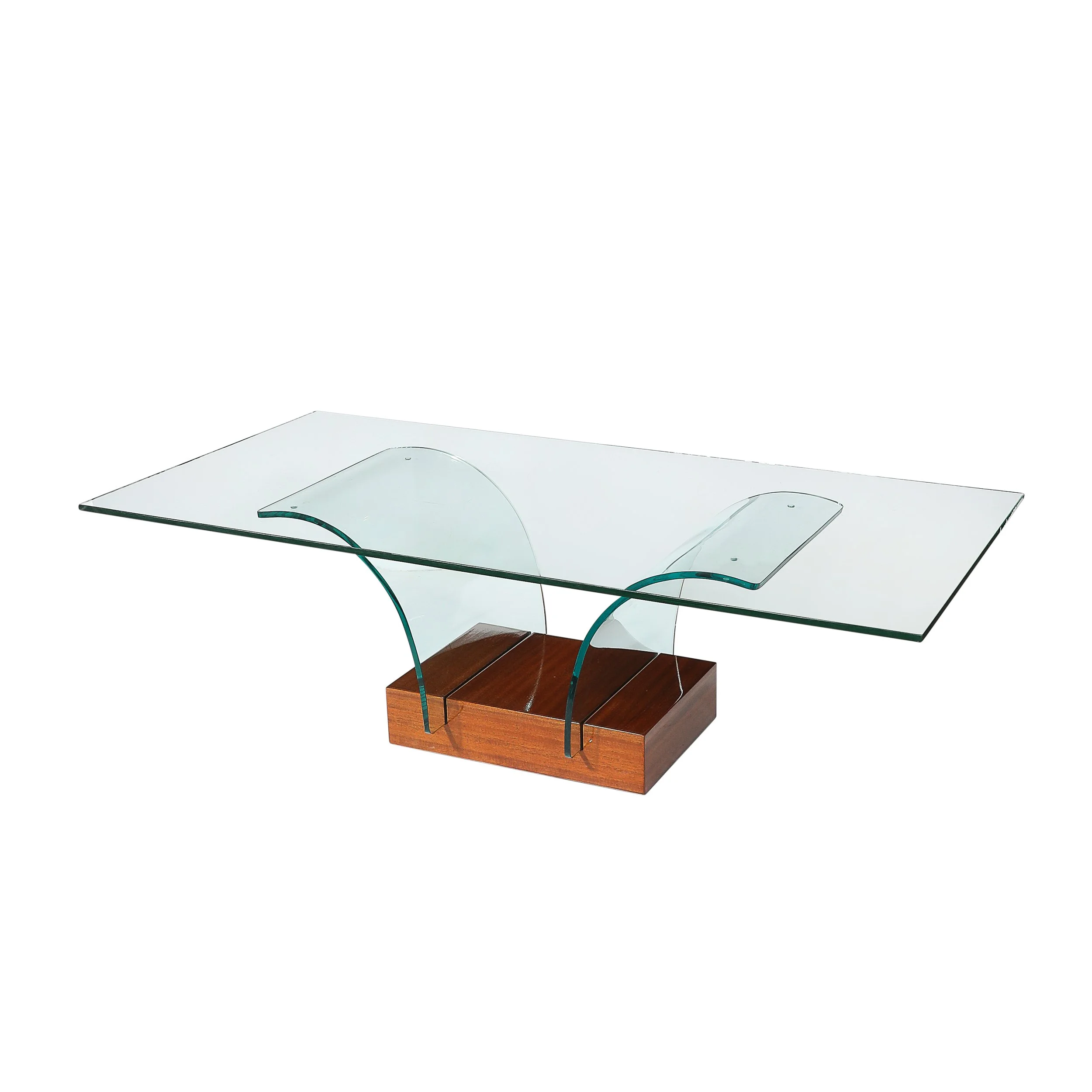 Mid-Century Modernage Curved Glass Cocktail Table W/ Rectilinear Walnut Base offered by High Style Deco — image 1