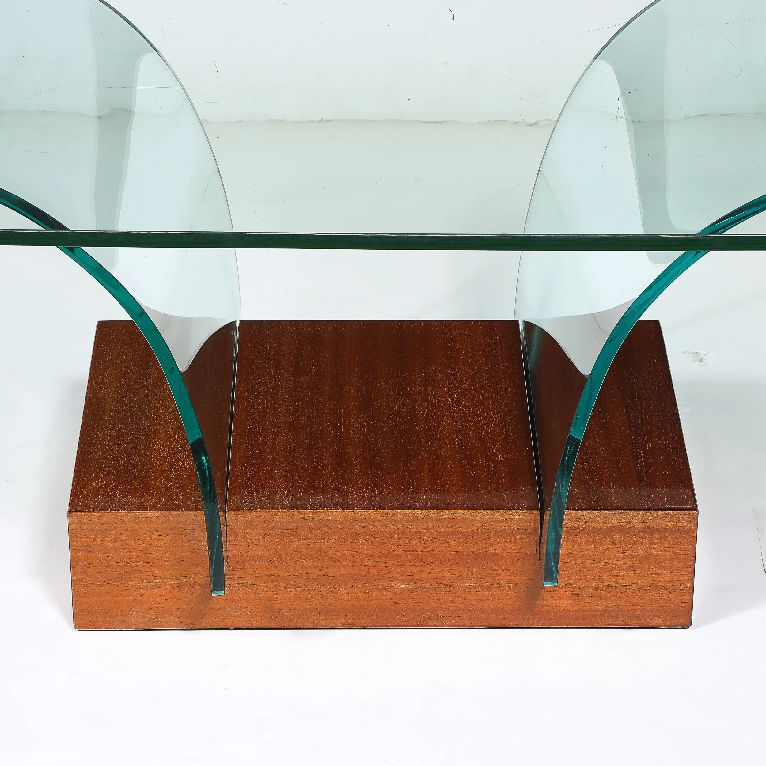 Mid-Century Modernage Curved Glass Cocktail Table W/ Rectilinear Walnut Base offered by High Style Deco — image 4