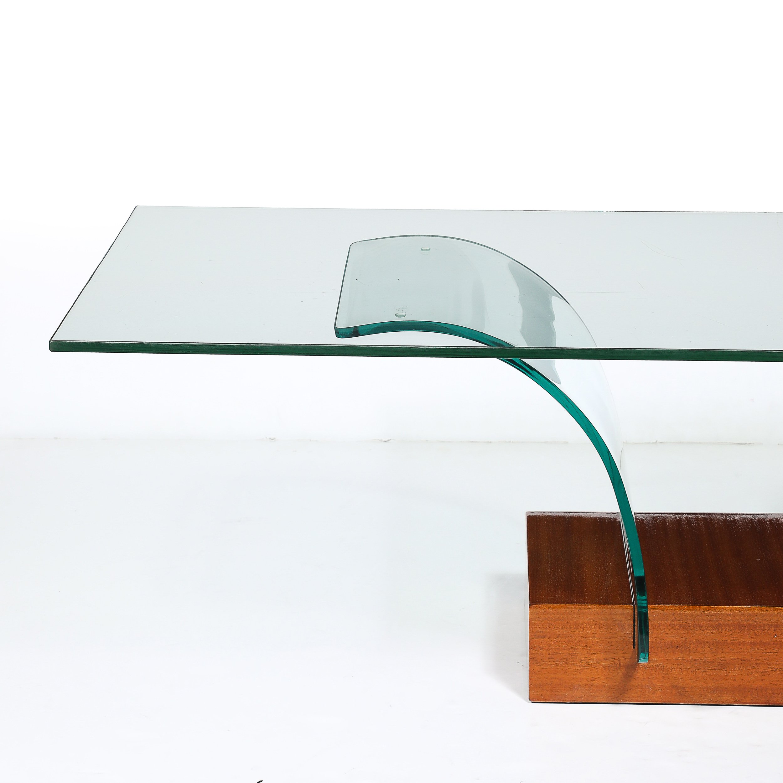 Mid-Century Modernage Curved Glass Cocktail Table W/ Rectilinear Walnut Base offered by High Style Deco — image 5