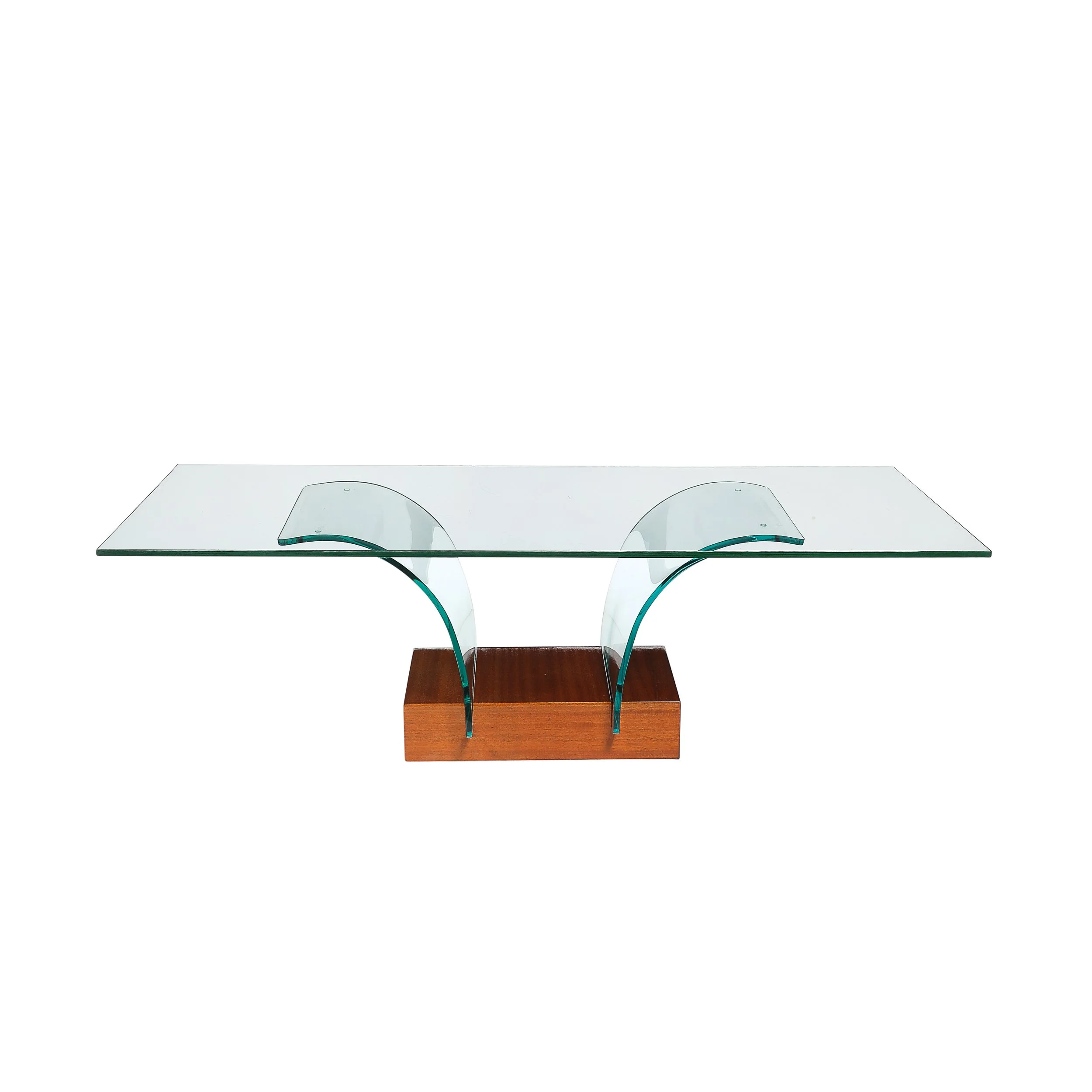 Mid-Century Modernage Curved Glass Cocktail Table W/ Rectilinear Walnut Base offered by High Style Deco — image 6