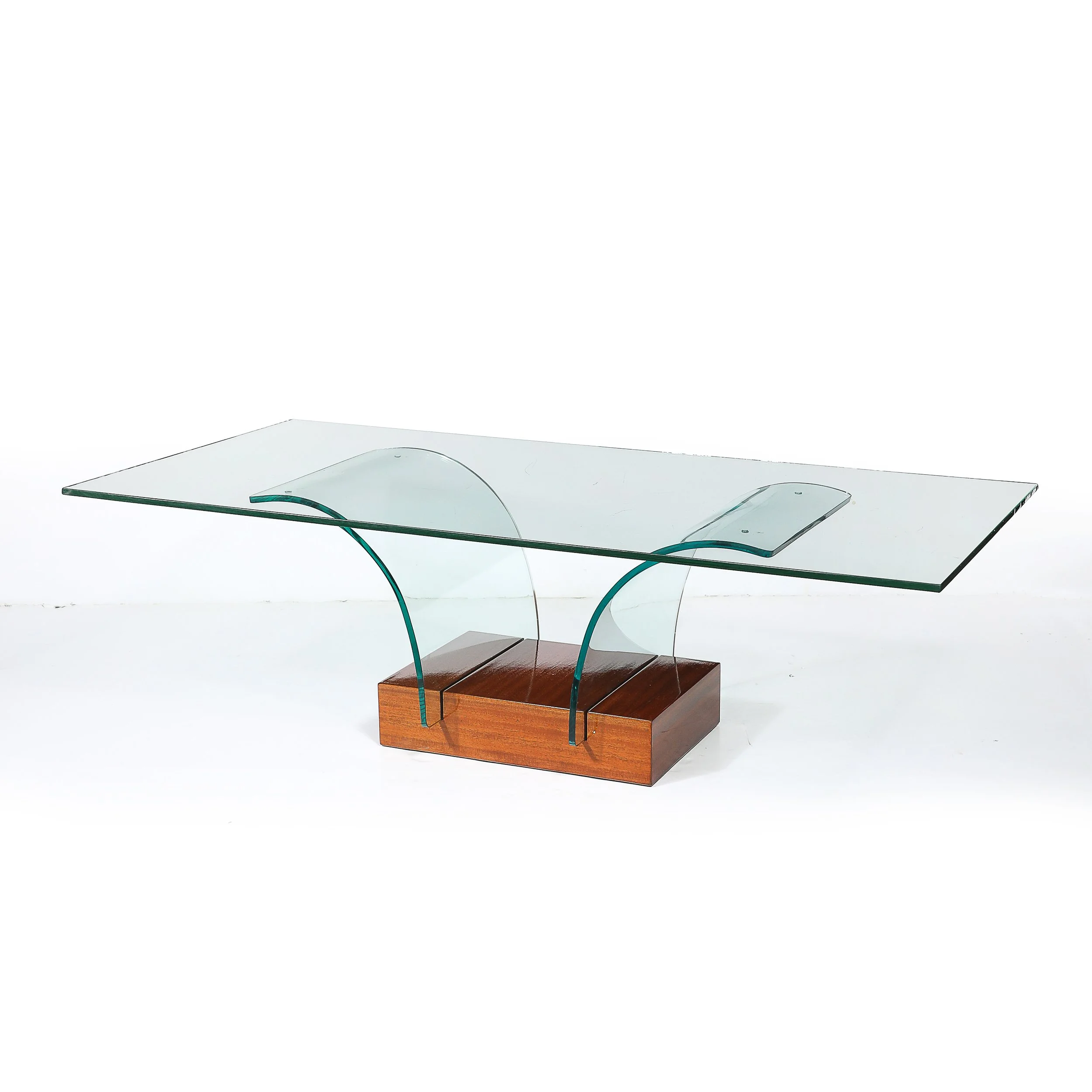 Mid-Century Modernage Curved Glass Cocktail Table W/ Rectilinear Walnut Base offered by High Style Deco — image 7