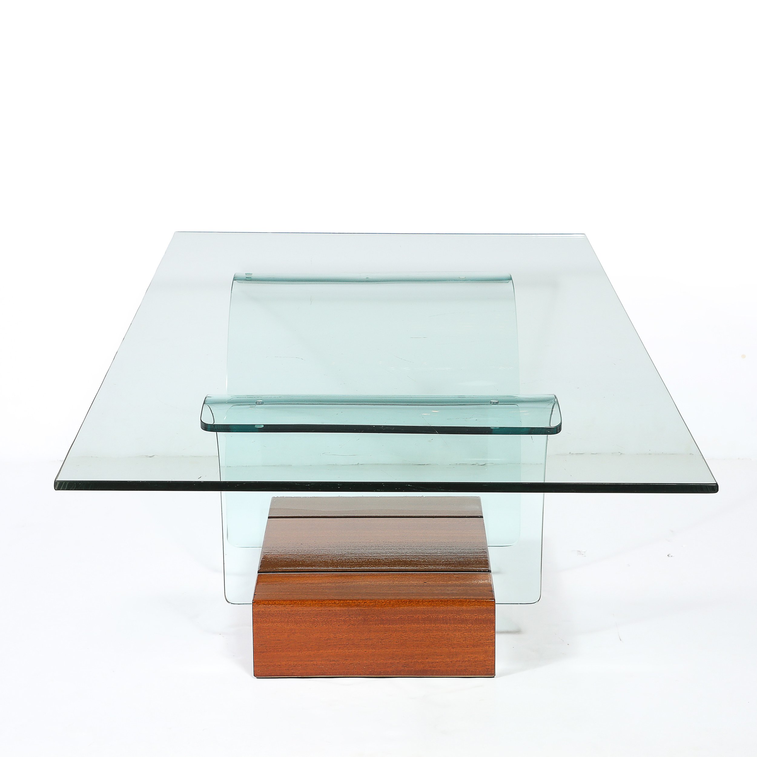 Mid-Century Modernage Curved Glass Cocktail Table W/ Rectilinear Walnut Base offered by High Style Deco — image 8