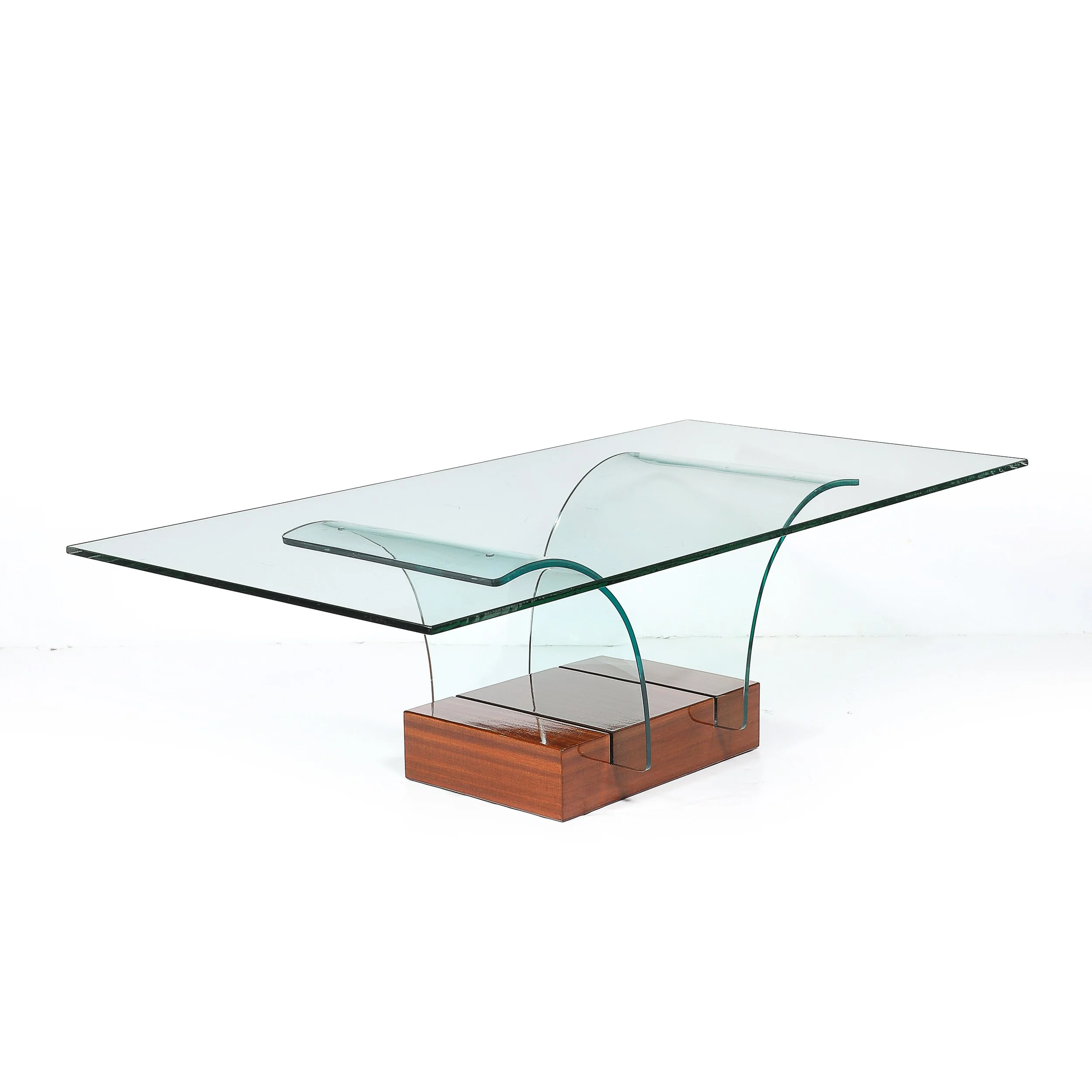 Mid-Century Modernage Curved Glass Cocktail Table W/ Rectilinear Walnut Base offered by High Style Deco — image 9