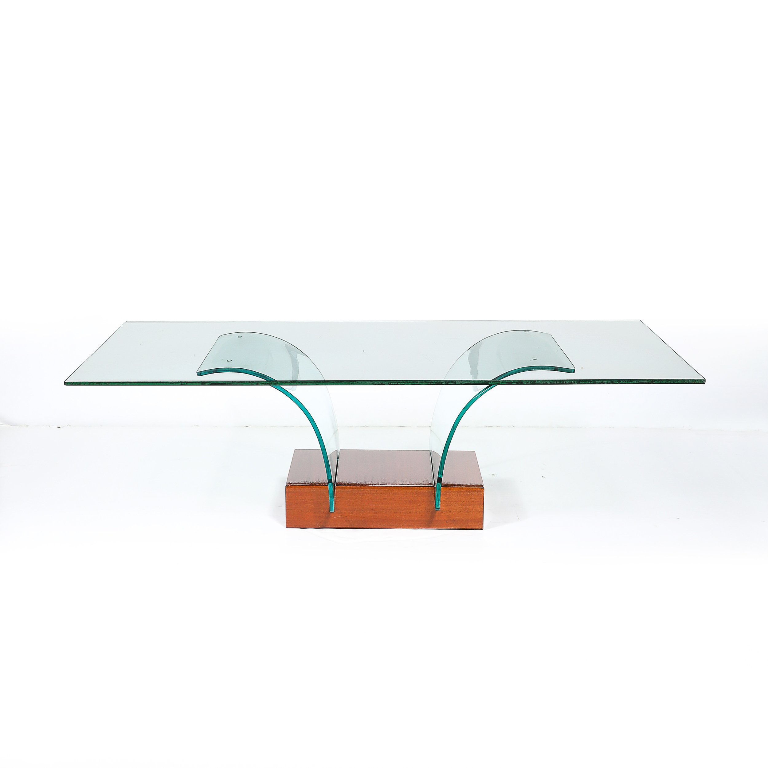 Mid-Century Modernage Curved Glass Cocktail Table W/ Rectilinear Walnut Base offered by High Style Deco — image 10