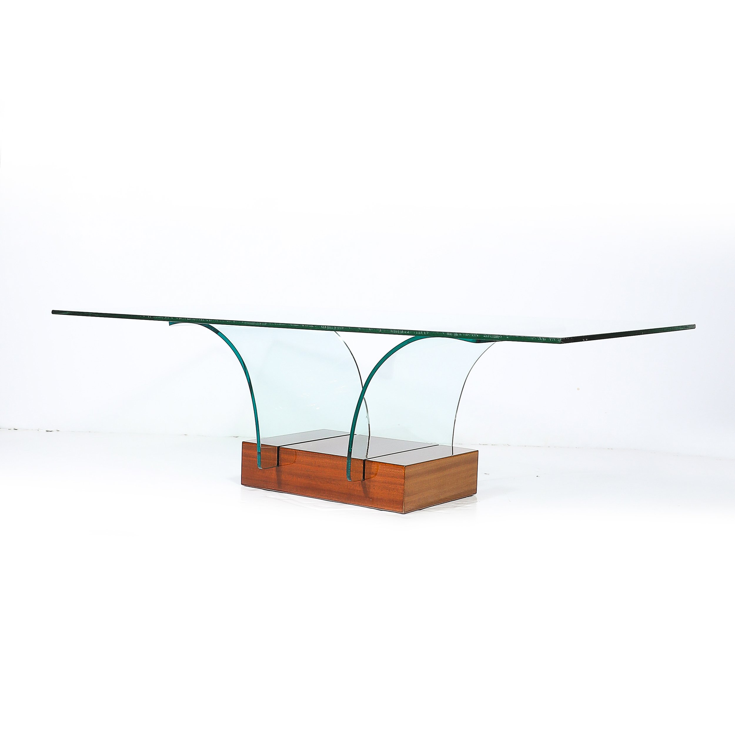 Mid-Century Modernage Curved Glass Cocktail Table W/ Rectilinear Walnut Base offered by High Style Deco — image 12