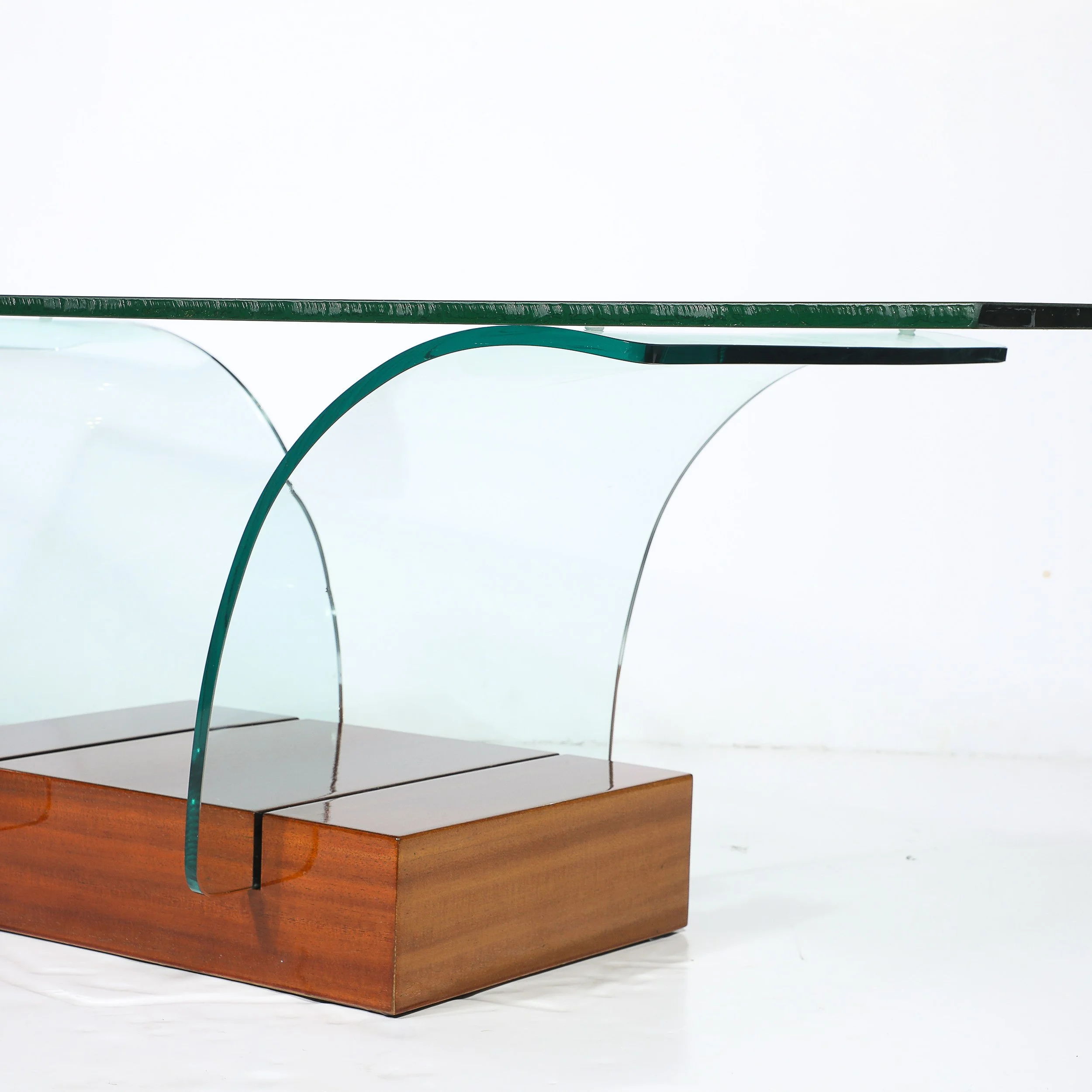 Mid-Century Modernage Curved Glass Cocktail Table W/ Rectilinear Walnut Base offered by High Style Deco — image 13