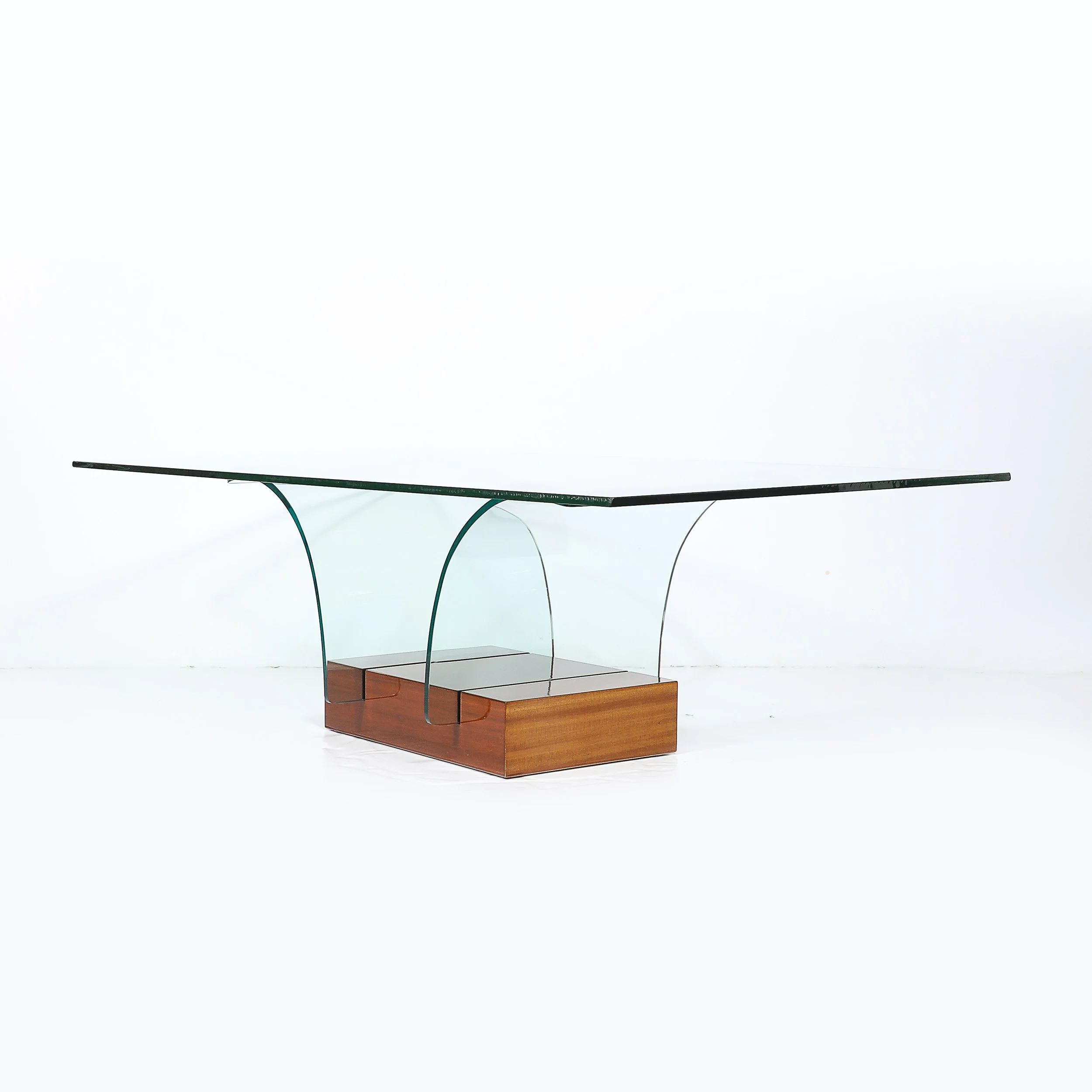 Mid-Century Modernage Curved Glass Cocktail Table W/ Rectilinear Walnut Base offered by High Style Deco — image 14