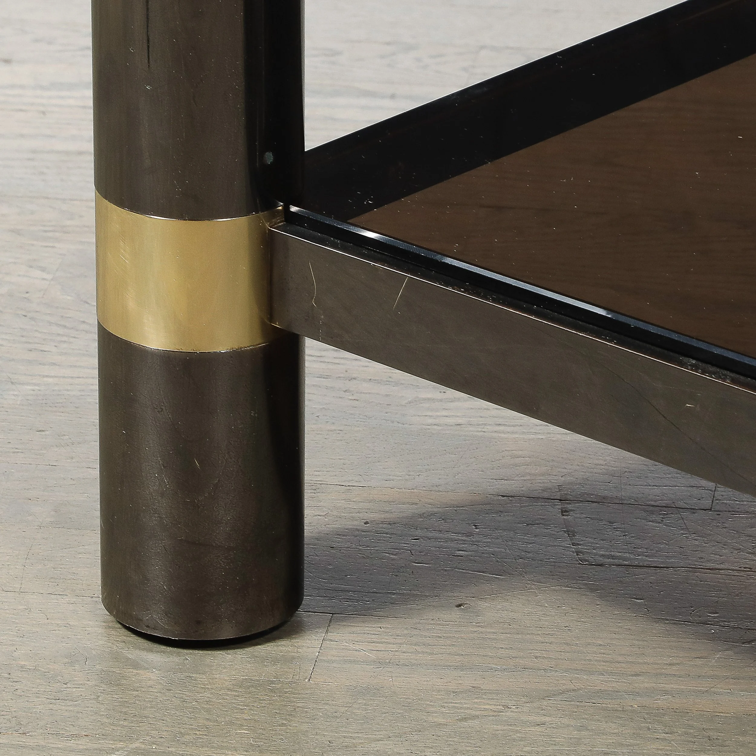 Mid-Century Signed Karl Springer 2-Tier Gunmetal & Brass Cocktail Table offered by High Style Deco — image 4