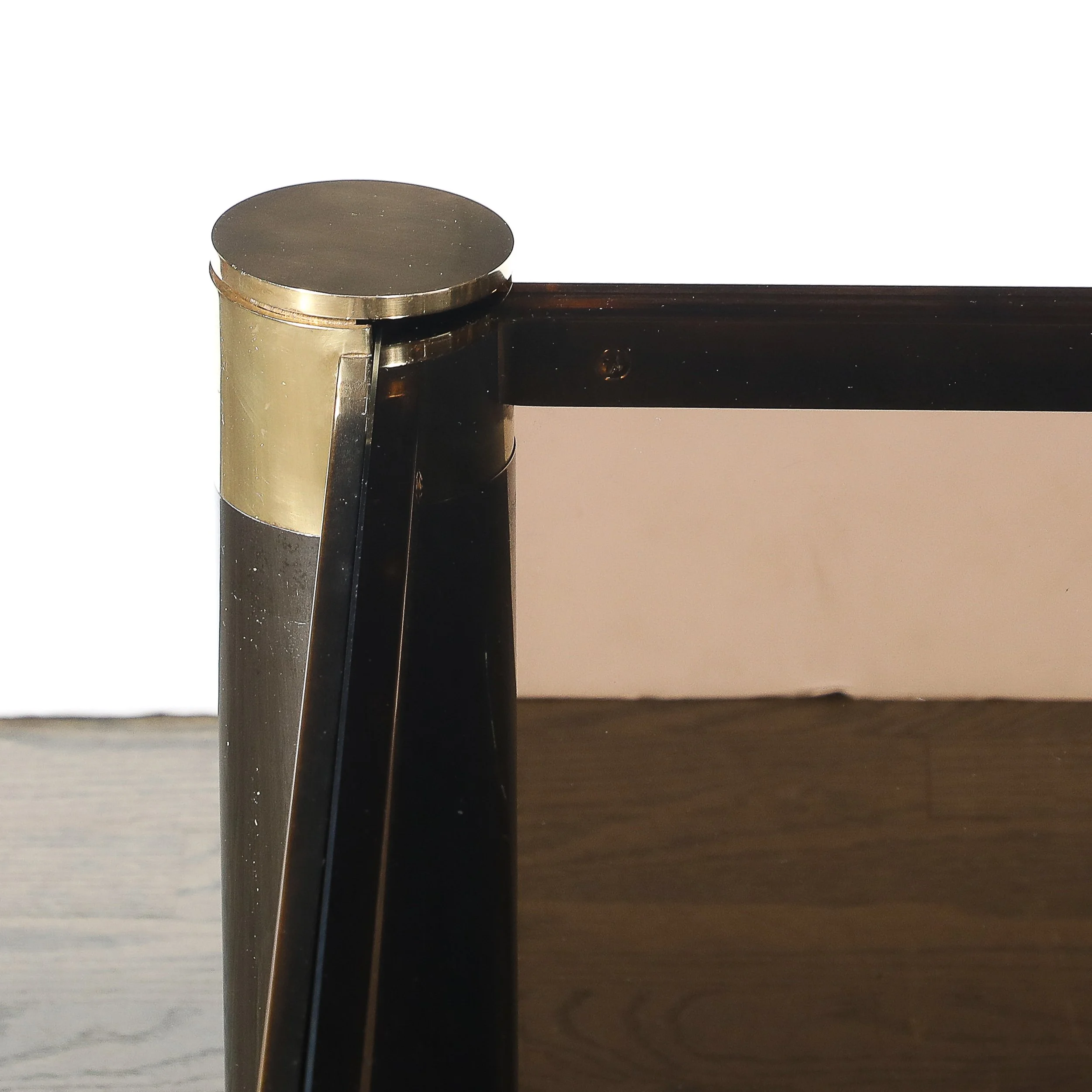 Mid-Century Signed Karl Springer 2-Tier Gunmetal & Brass Cocktail Table offered by High Style Deco — image 9