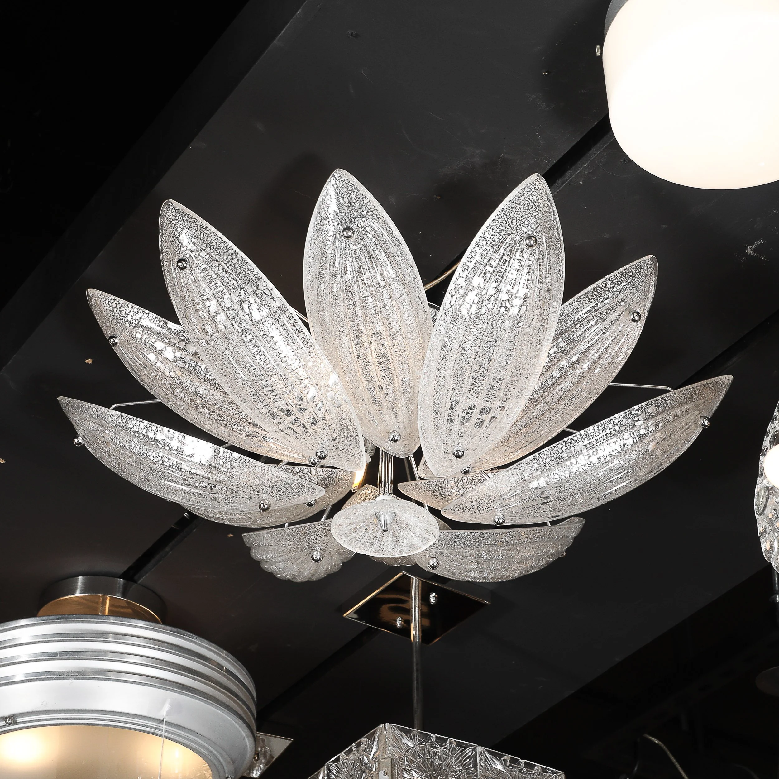 Modernist Hand-Blown Murano Glass Reeded Leaf Form Chandelier W/ 24K White Gold offered by High Style Deco — image 5