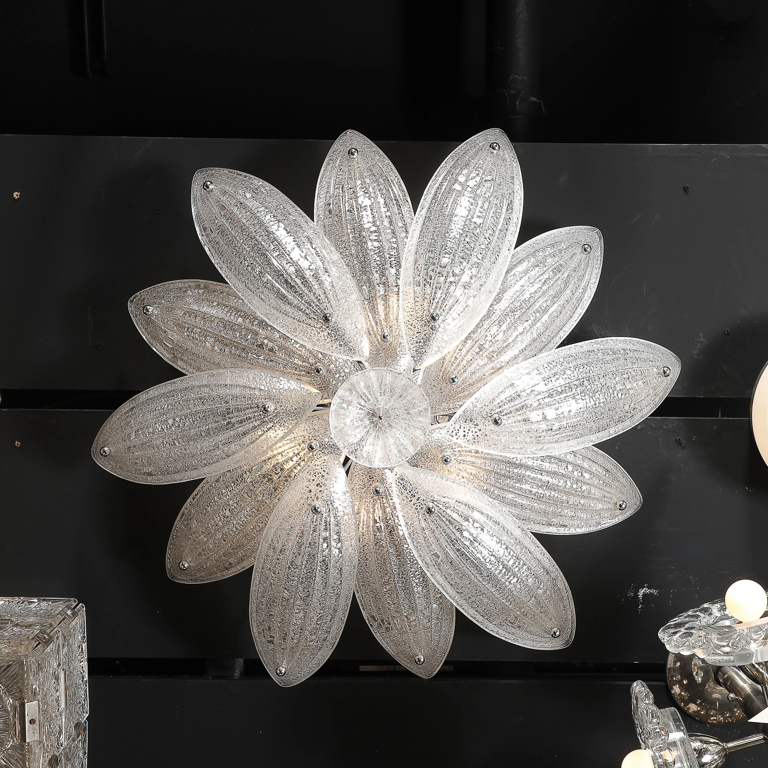 Modernist Hand-Blown Murano Glass Reeded Leaf Form Chandelier W/ 24K White Gold offered by High Style Deco — image 3