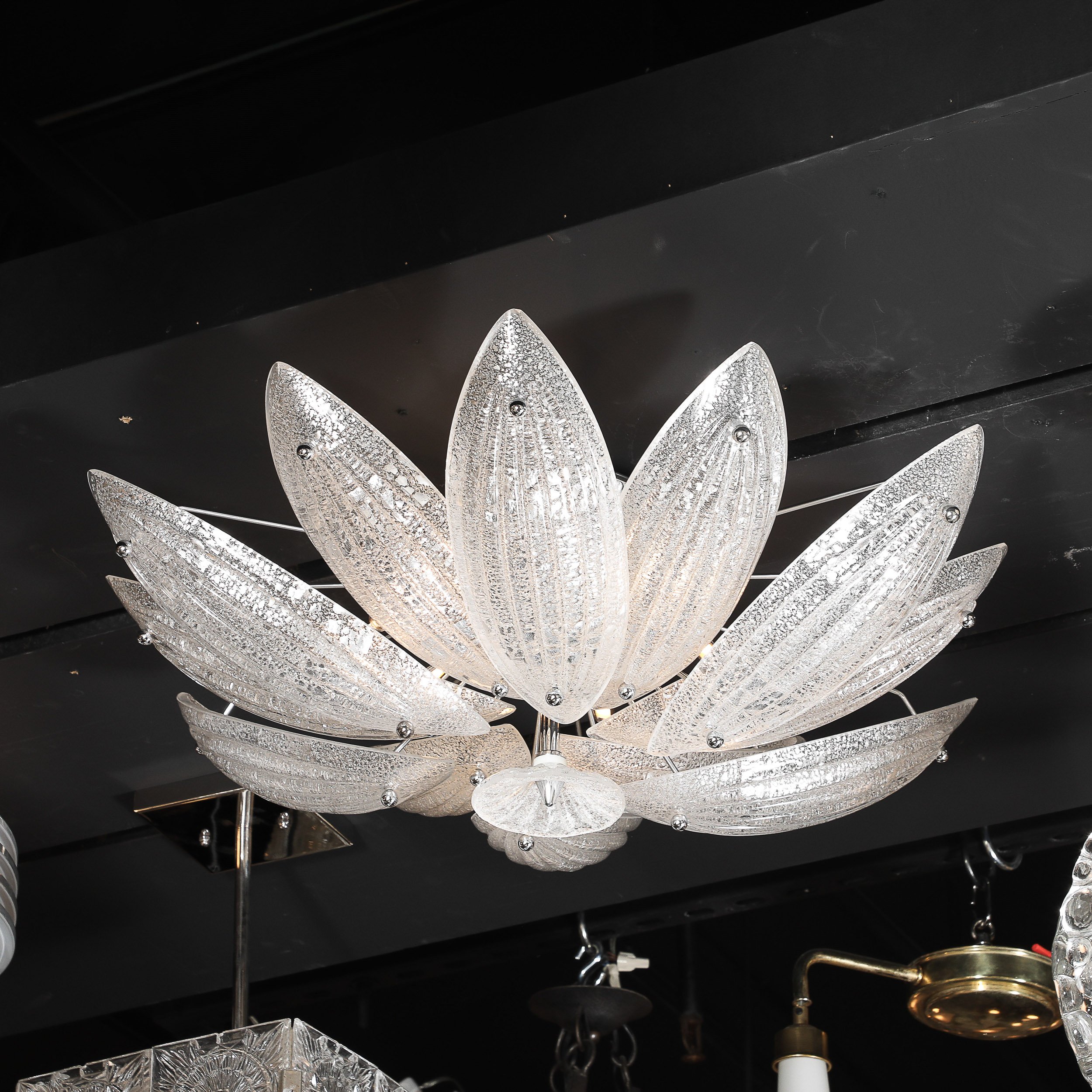 Modernist Hand-Blown Murano Glass Reeded Leaf Form Chandelier W/ 24K White Gold offered by High Style Deco — image 4