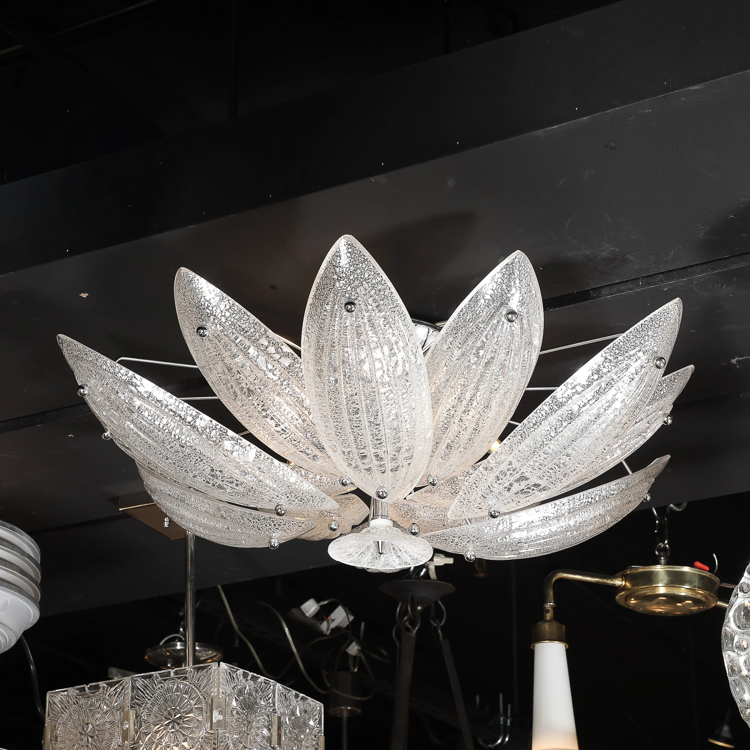 Modernist Hand-Blown Murano Glass Reeded Leaf Form Chandelier W/ 24K White Gold offered by High Style Deco — image 8