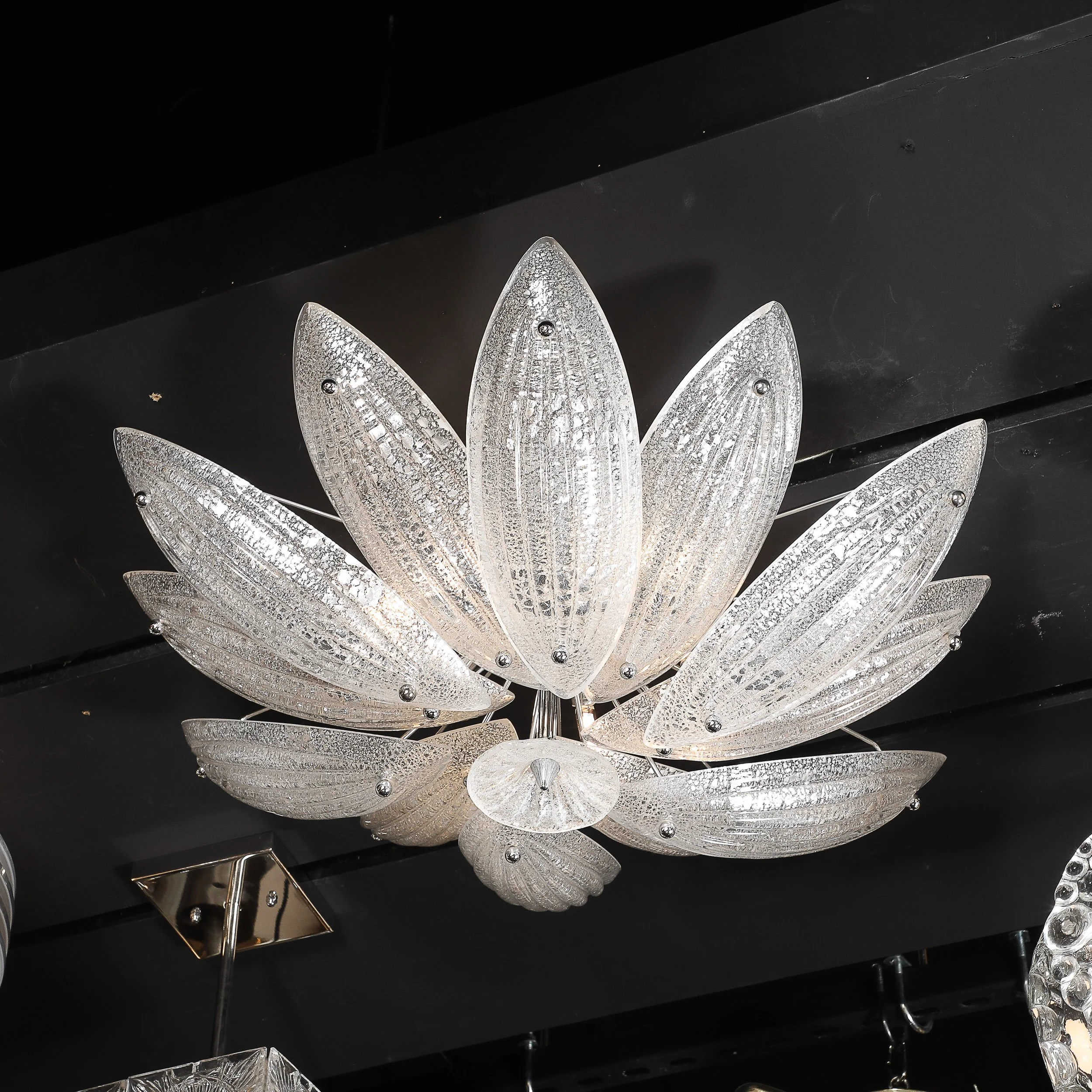 Modernist Hand-Blown Murano Glass Reeded Leaf Form Chandelier W/ 24K White Gold offered by High Style Deco — image 9