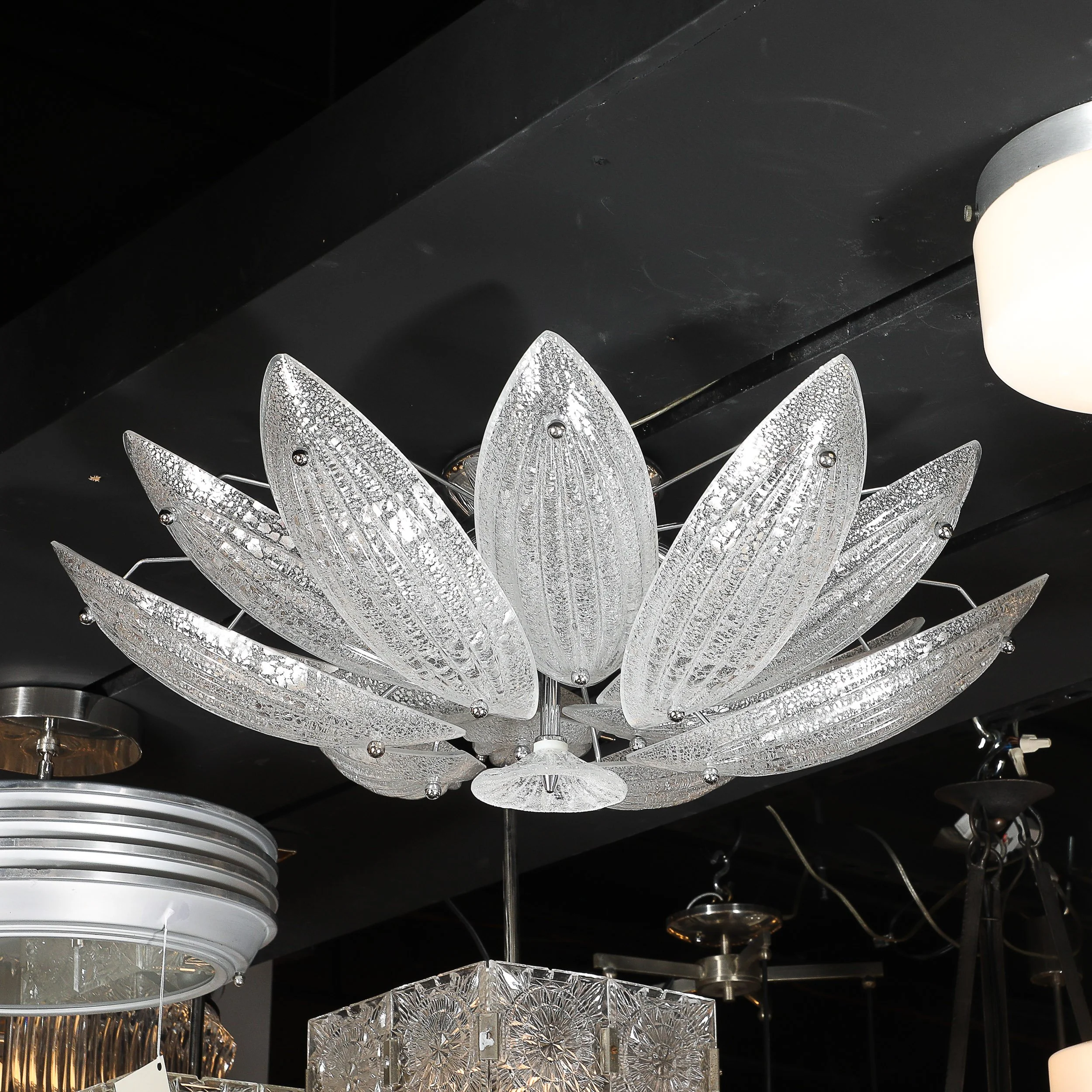 Modernist Hand-Blown Murano Glass Reeded Leaf Form Chandelier W/ 24K White Gold offered by High Style Deco — image 14