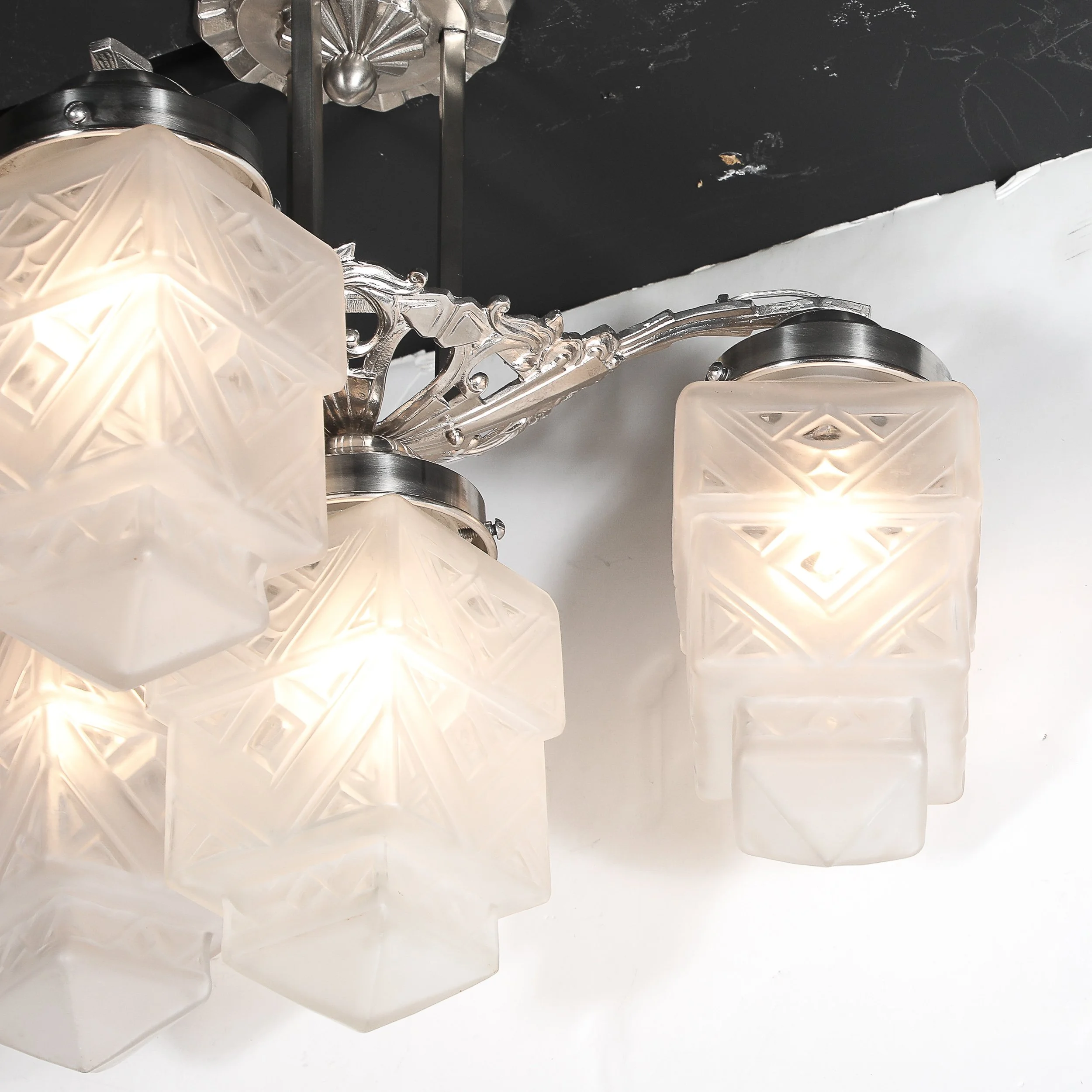 Art Deco Skyscraper-Style Nickeled Bronze & Frosted Glass 4-Arm Chandelier offered by High Style Deco — image 4