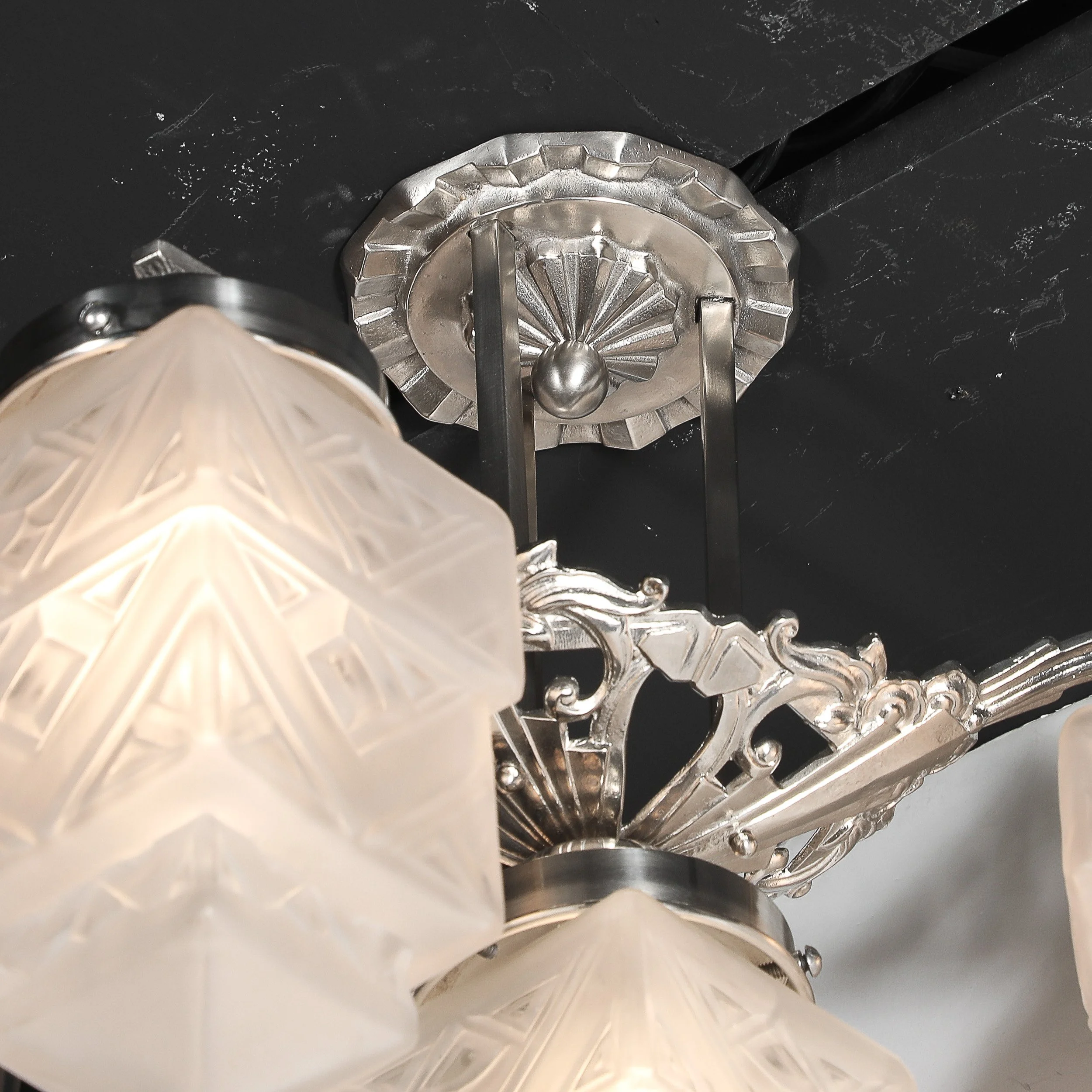 Art Deco Skyscraper-Style Nickeled Bronze & Frosted Glass 4-Arm Chandelier offered by High Style Deco — image 5