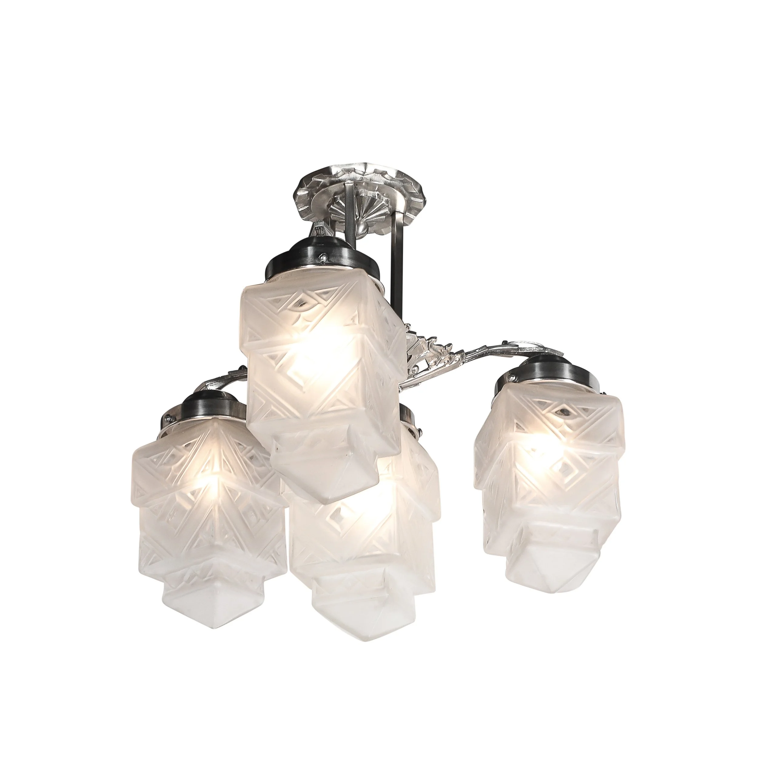 Art Deco Skyscraper-Style Nickeled Bronze & Frosted Glass 4-Arm Chandelier offered by High Style Deco — image 1