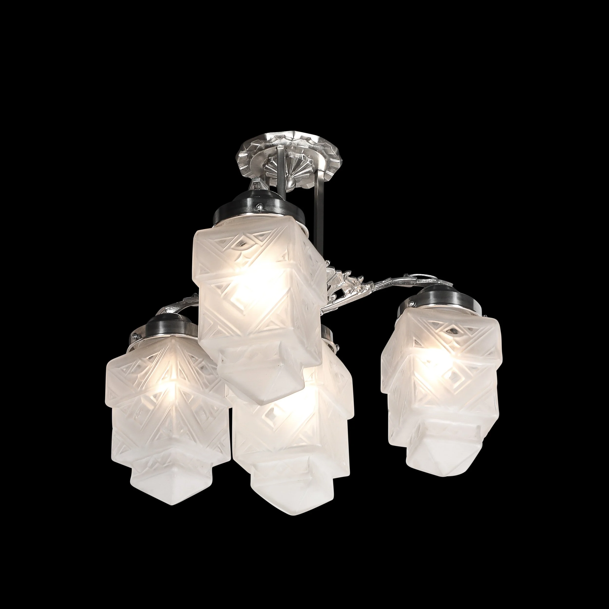 Art Deco Skyscraper-Style Nickeled Bronze & Frosted Glass 4-Arm Chandelier offered by High Style Deco — image 3