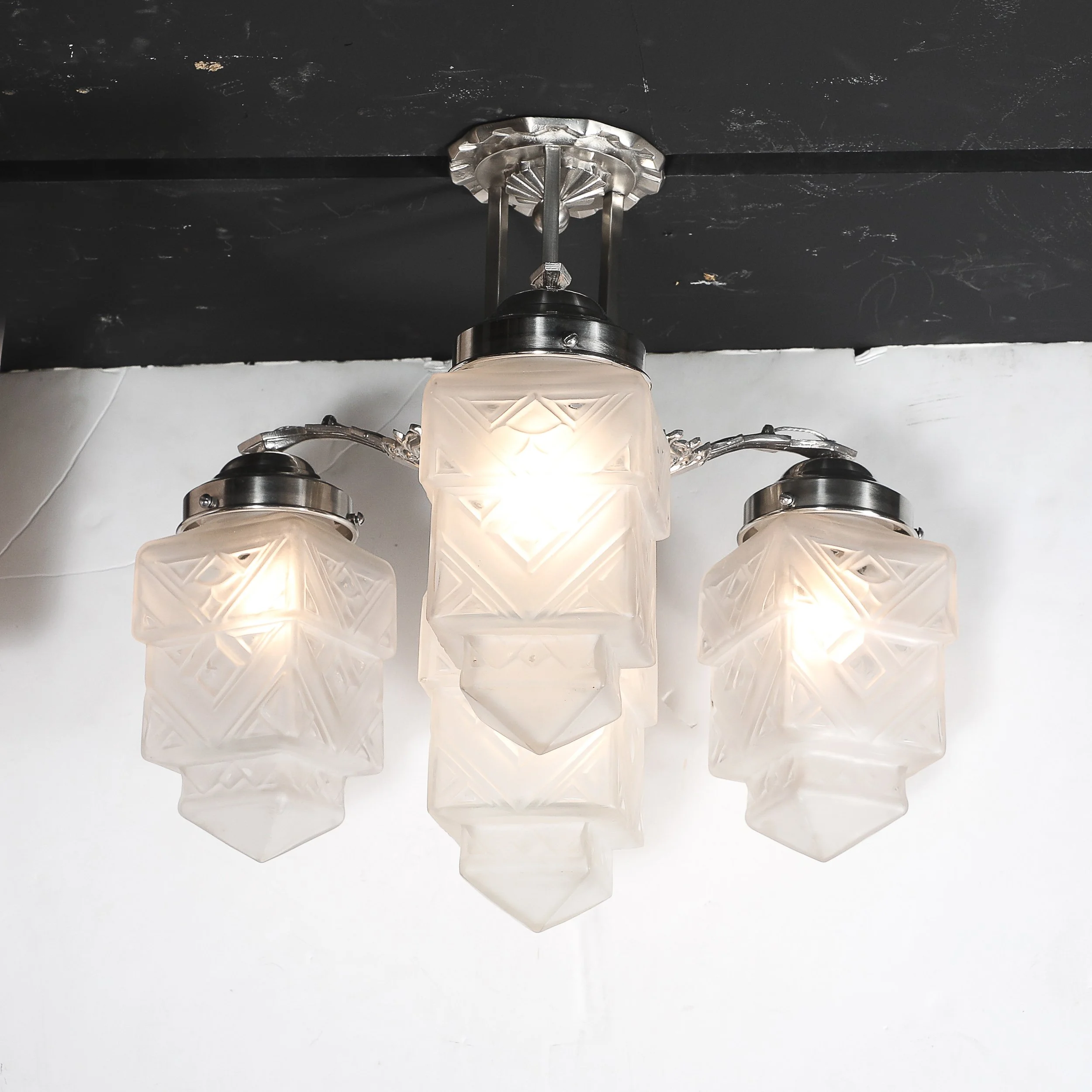 Art Deco Skyscraper-Style Nickeled Bronze & Frosted Glass 4-Arm Chandelier offered by High Style Deco — image 2
