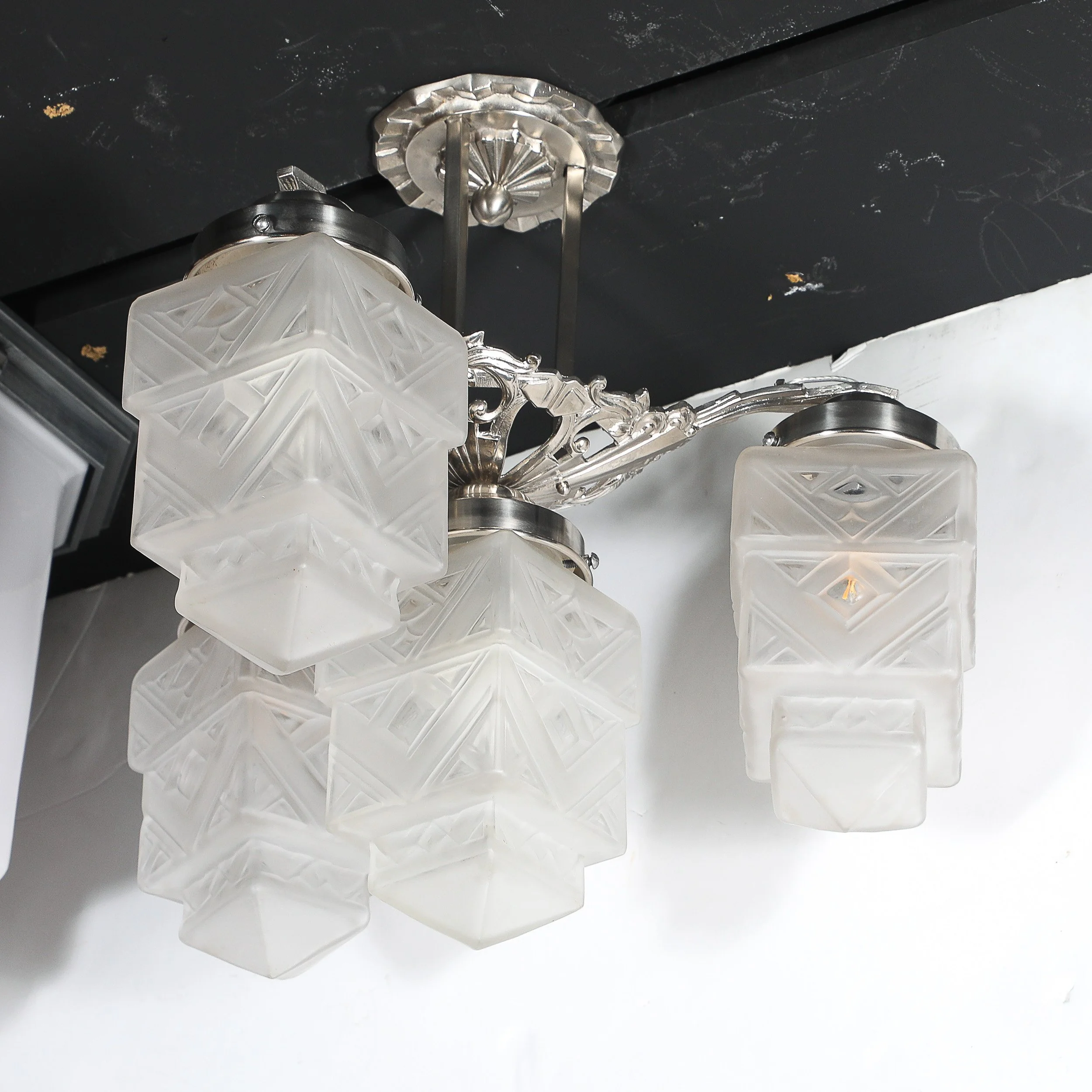 Art Deco Skyscraper-Style Nickeled Bronze & Frosted Glass 4-Arm Chandelier offered by High Style Deco — image 6