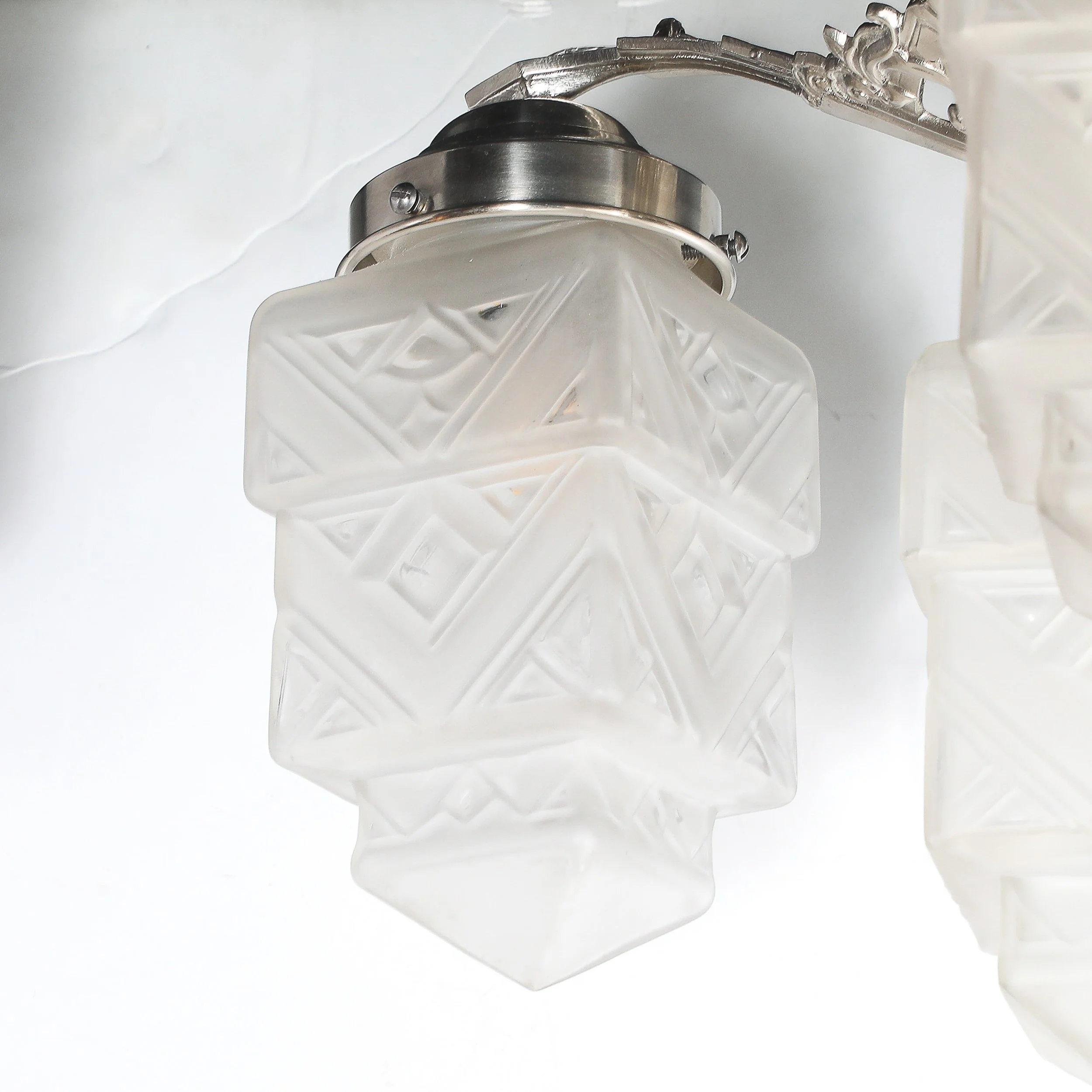 Art Deco Skyscraper-Style Nickeled Bronze & Frosted Glass 4-Arm Chandelier offered by High Style Deco — image 9