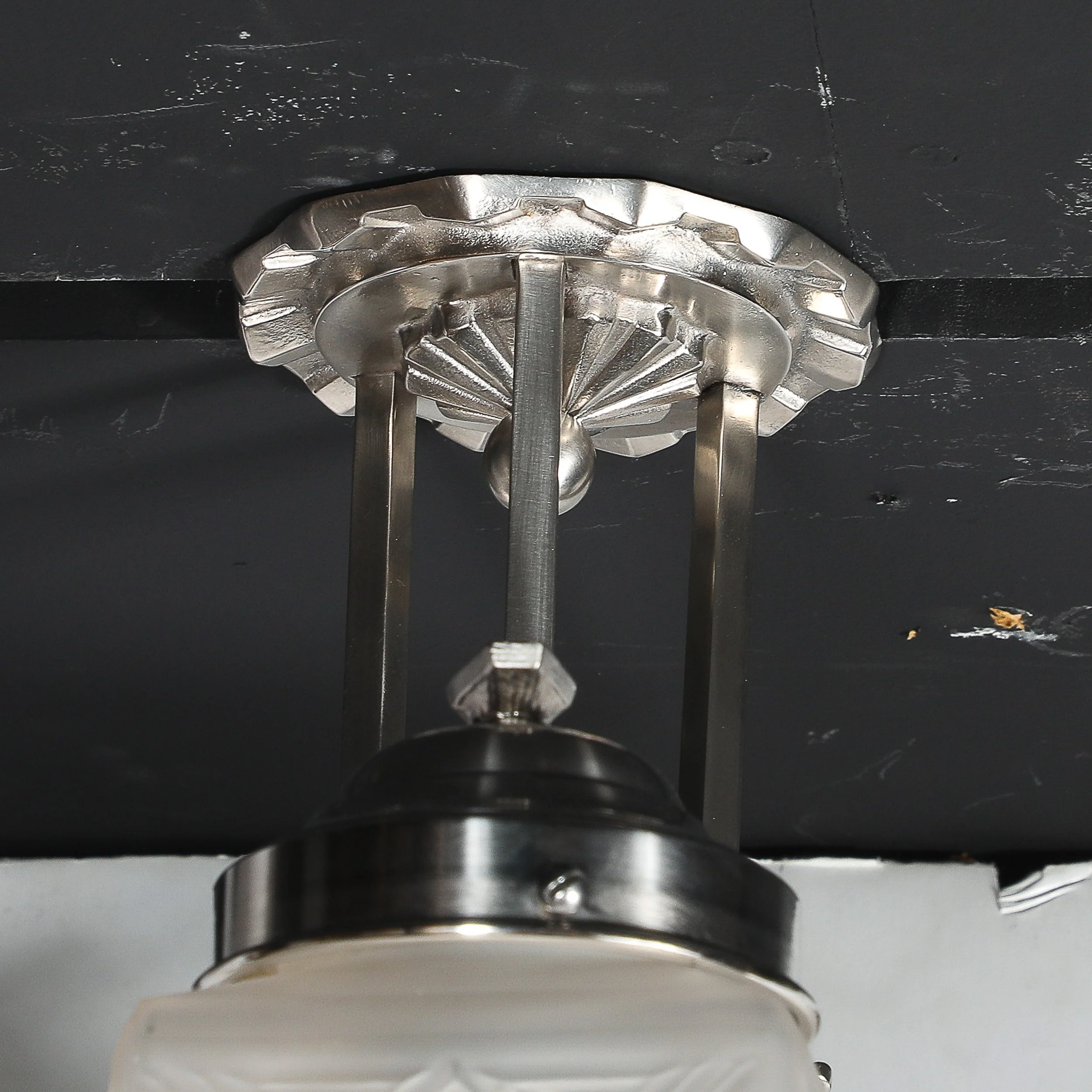 Art Deco Skyscraper-Style Nickeled Bronze & Frosted Glass 4-Arm Chandelier offered by High Style Deco — image 10