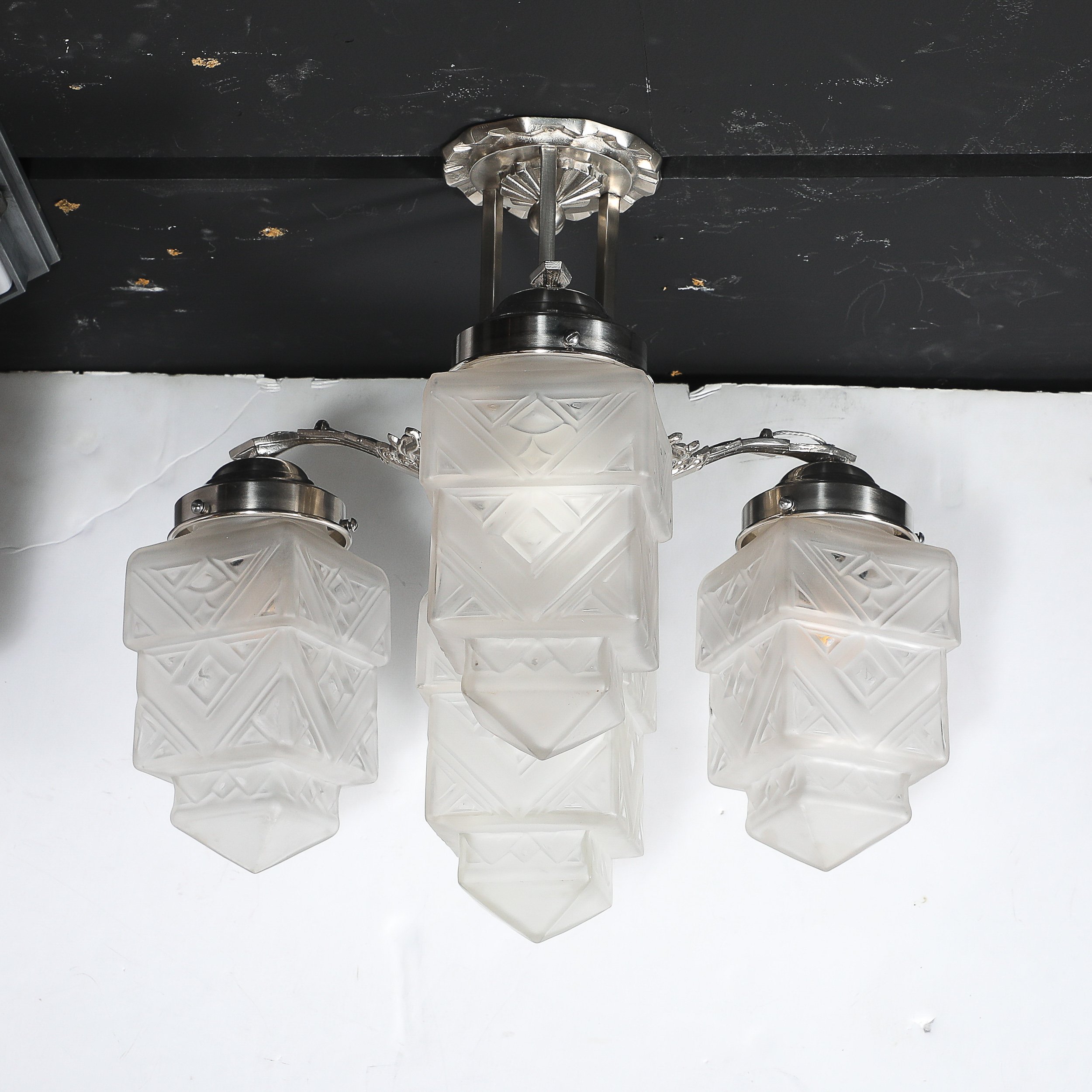 Art Deco Skyscraper-Style Nickeled Bronze & Frosted Glass 4-Arm Chandelier offered by High Style Deco — image 11