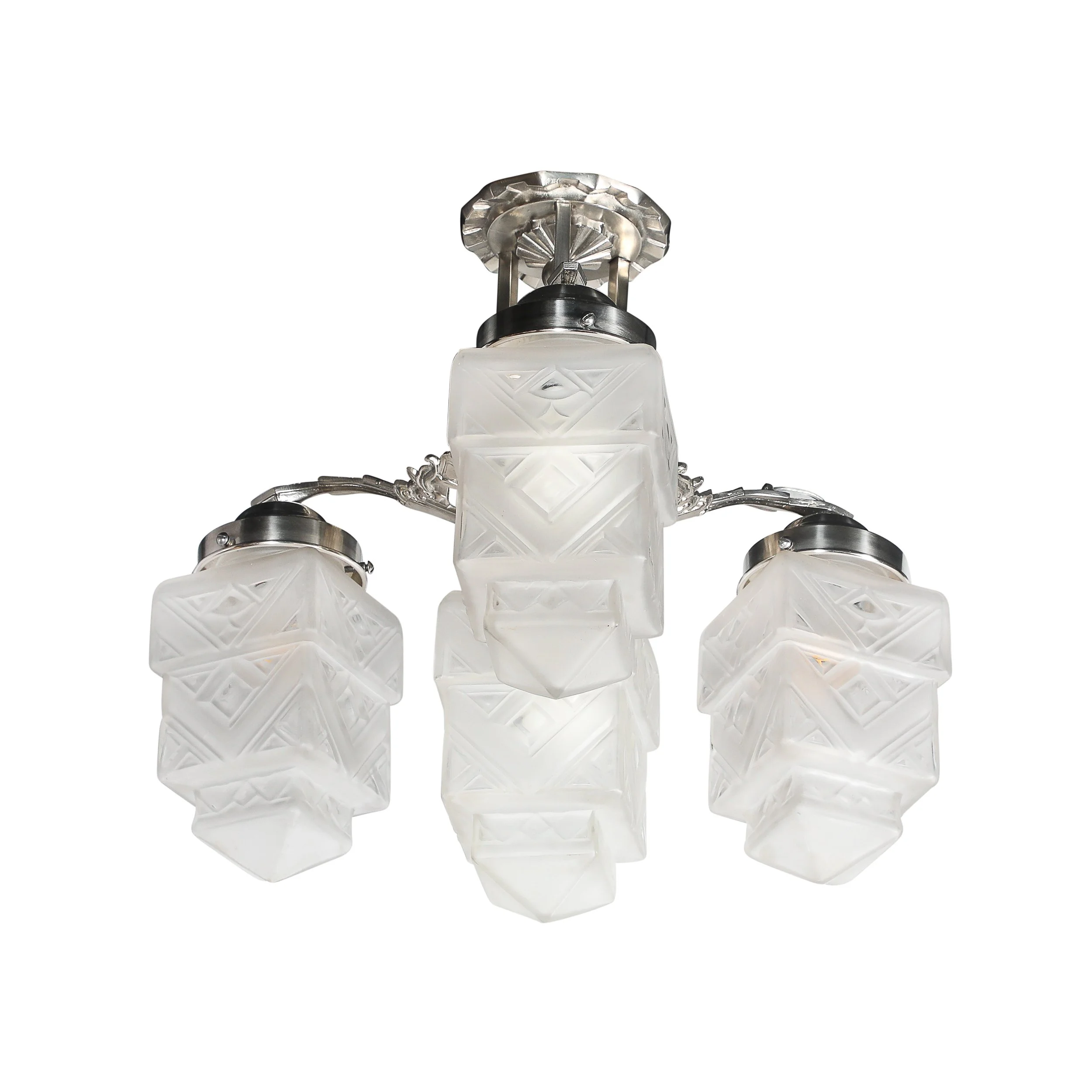 Art Deco Skyscraper-Style Nickeled Bronze & Frosted Glass 4-Arm Chandelier offered by High Style Deco — image 12