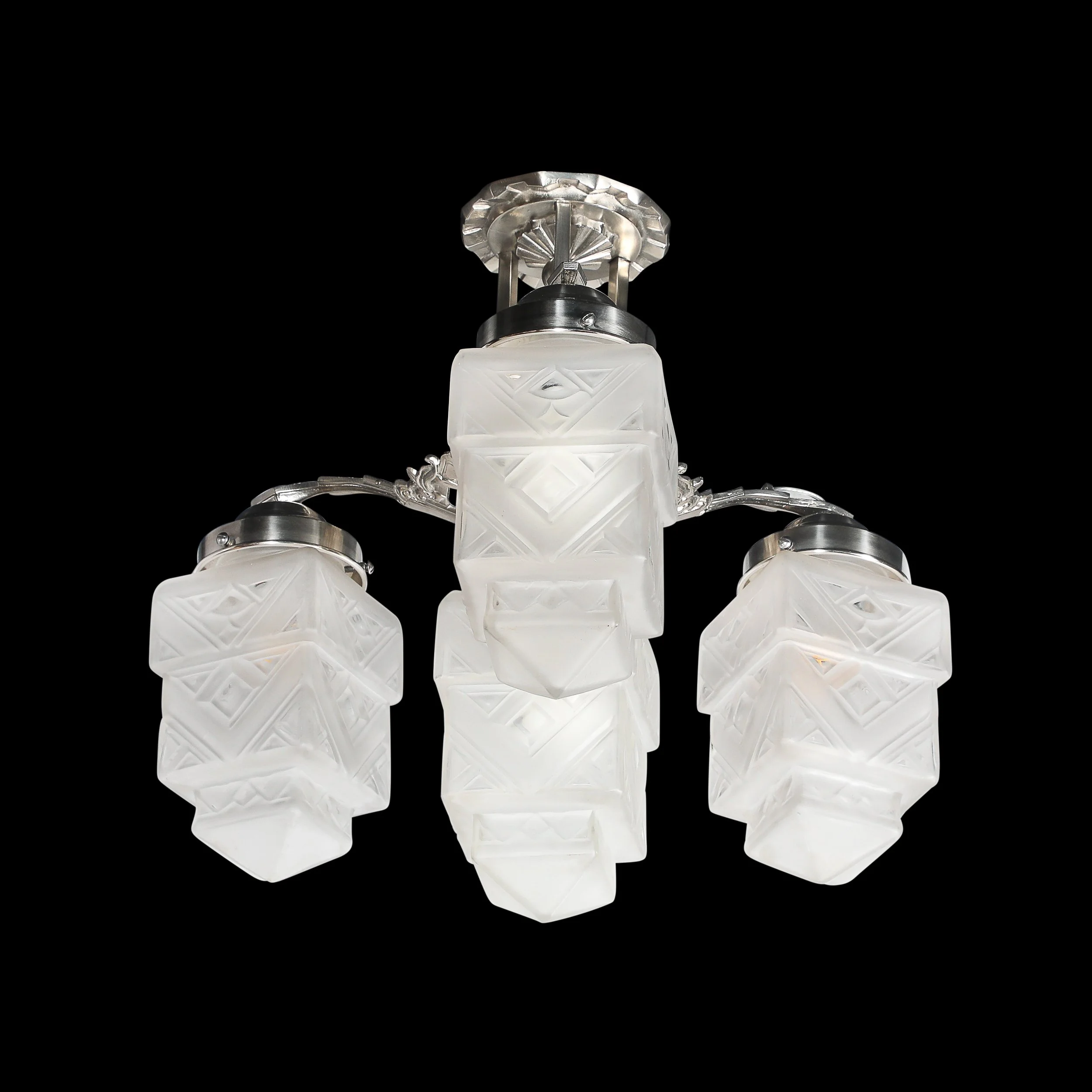 Art Deco Skyscraper-Style Nickeled Bronze & Frosted Glass 4-Arm Chandelier offered by High Style Deco — image 13