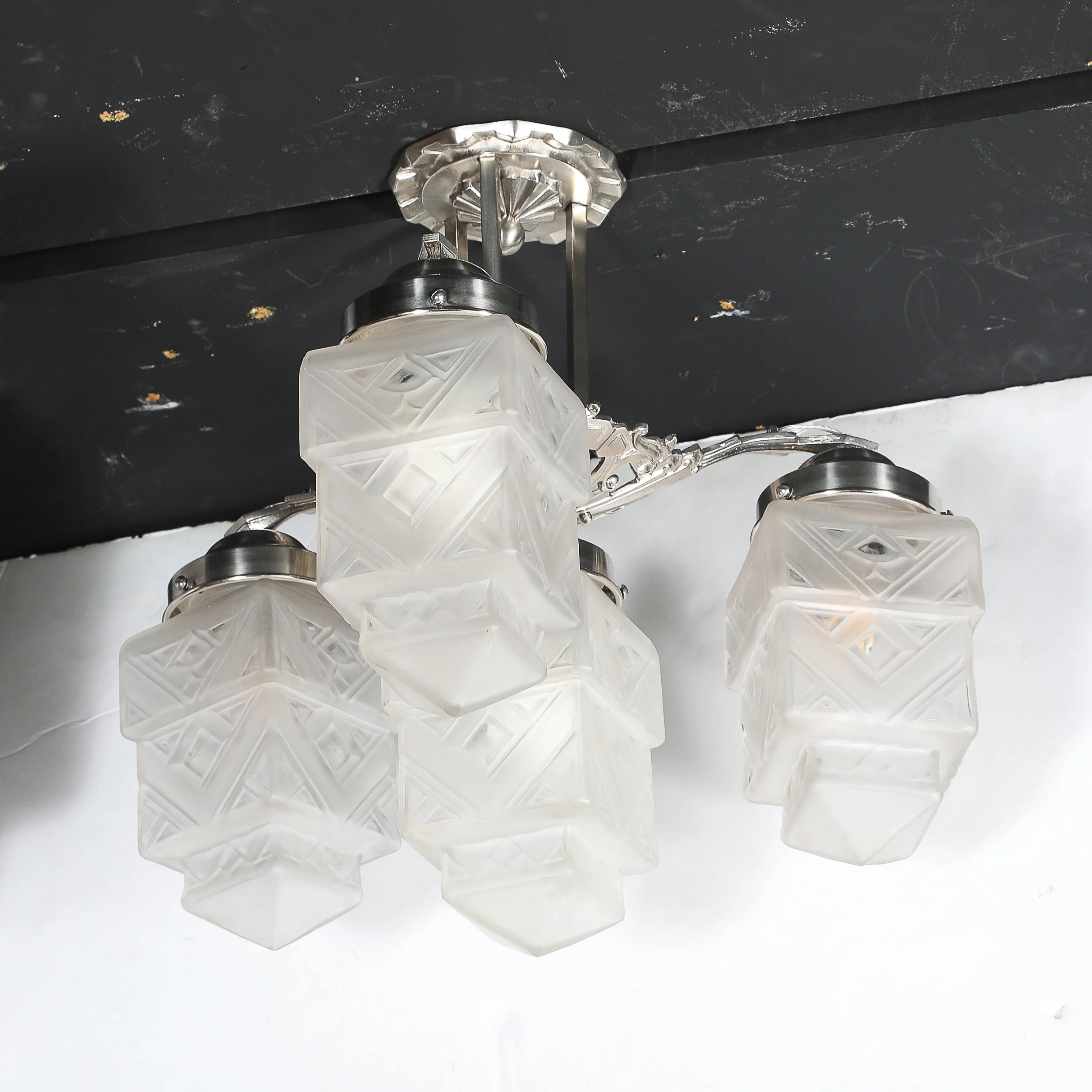Art Deco Skyscraper-Style Nickeled Bronze & Frosted Glass 4-Arm Chandelier offered by High Style Deco — image 14