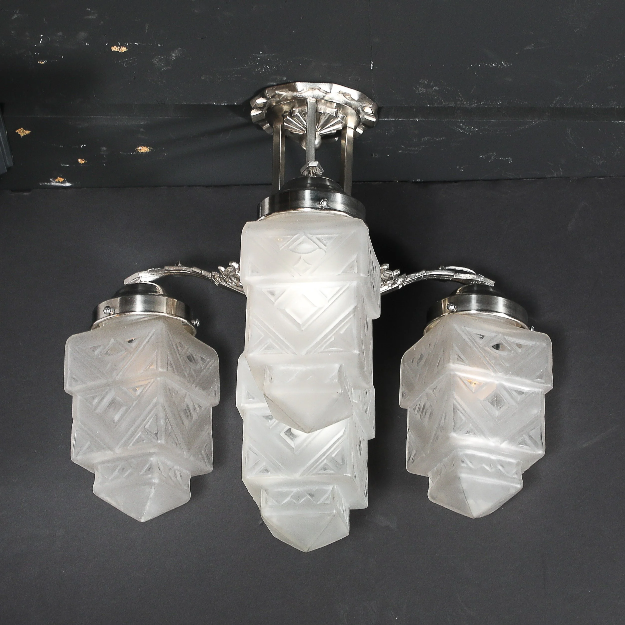 Art Deco Skyscraper-Style Nickeled Bronze & Frosted Glass 4-Arm Chandelier offered by High Style Deco — image 15