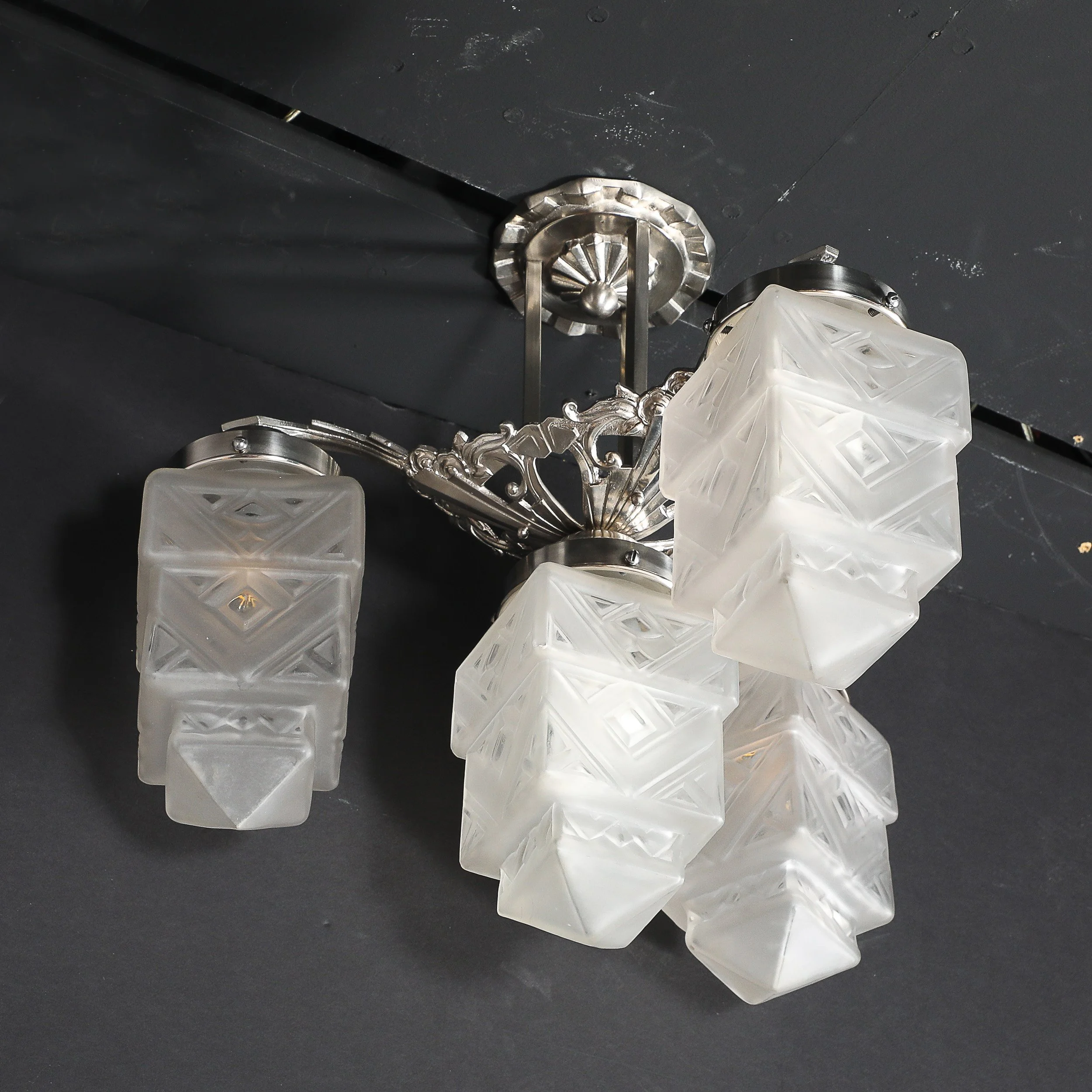 Art Deco Skyscraper-Style Nickeled Bronze & Frosted Glass 4-Arm Chandelier offered by High Style Deco — image 16